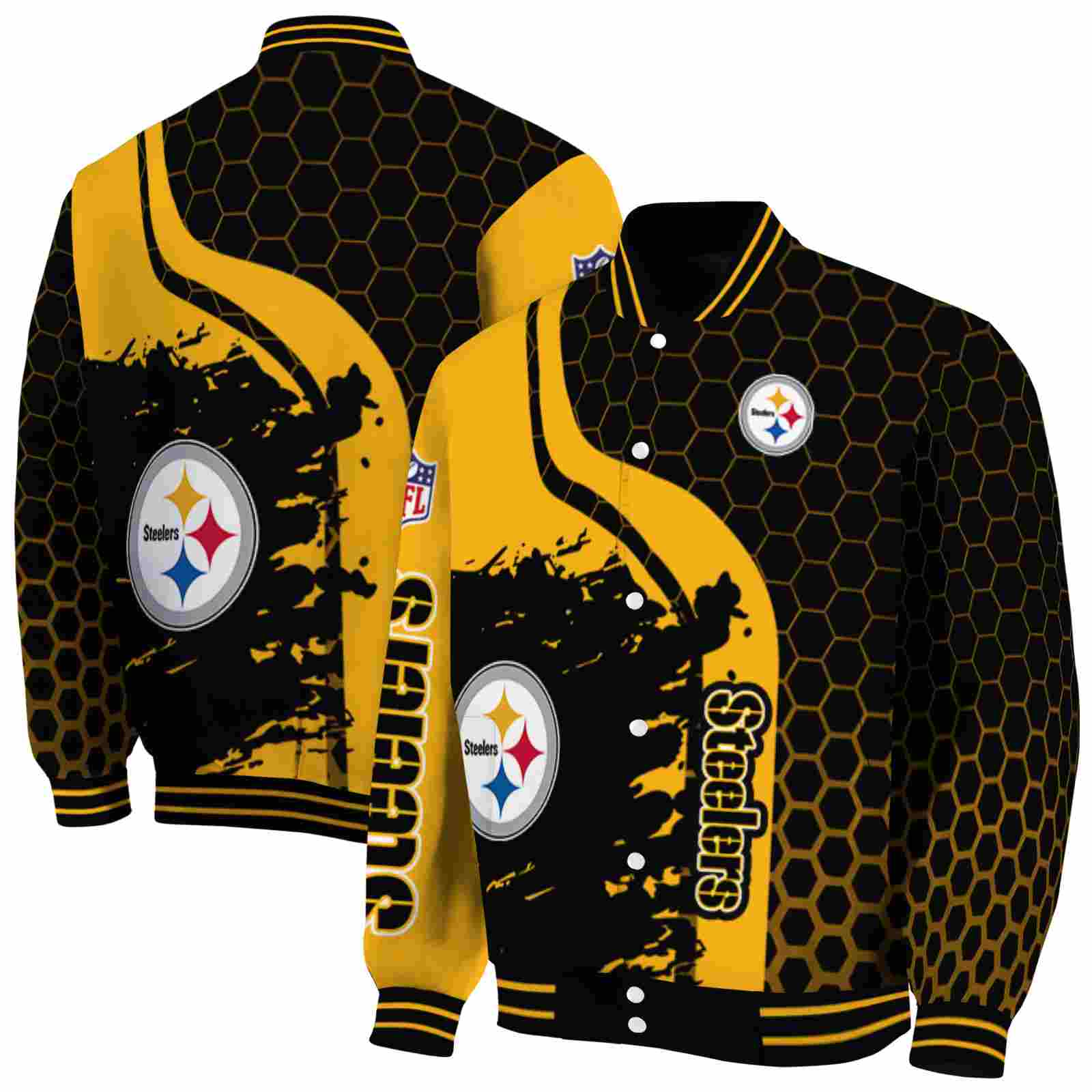 NFL Pittsburgh Steelers Hexagonal Pattern Gold Black Custom Baseball Jacket Sport Fans Gear