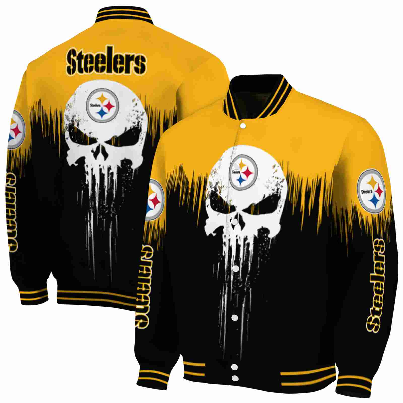 NFL Pittsburgh Steelers Punisher Skull Gold Black White Custom Baseball Jacket Sport Fans Gear