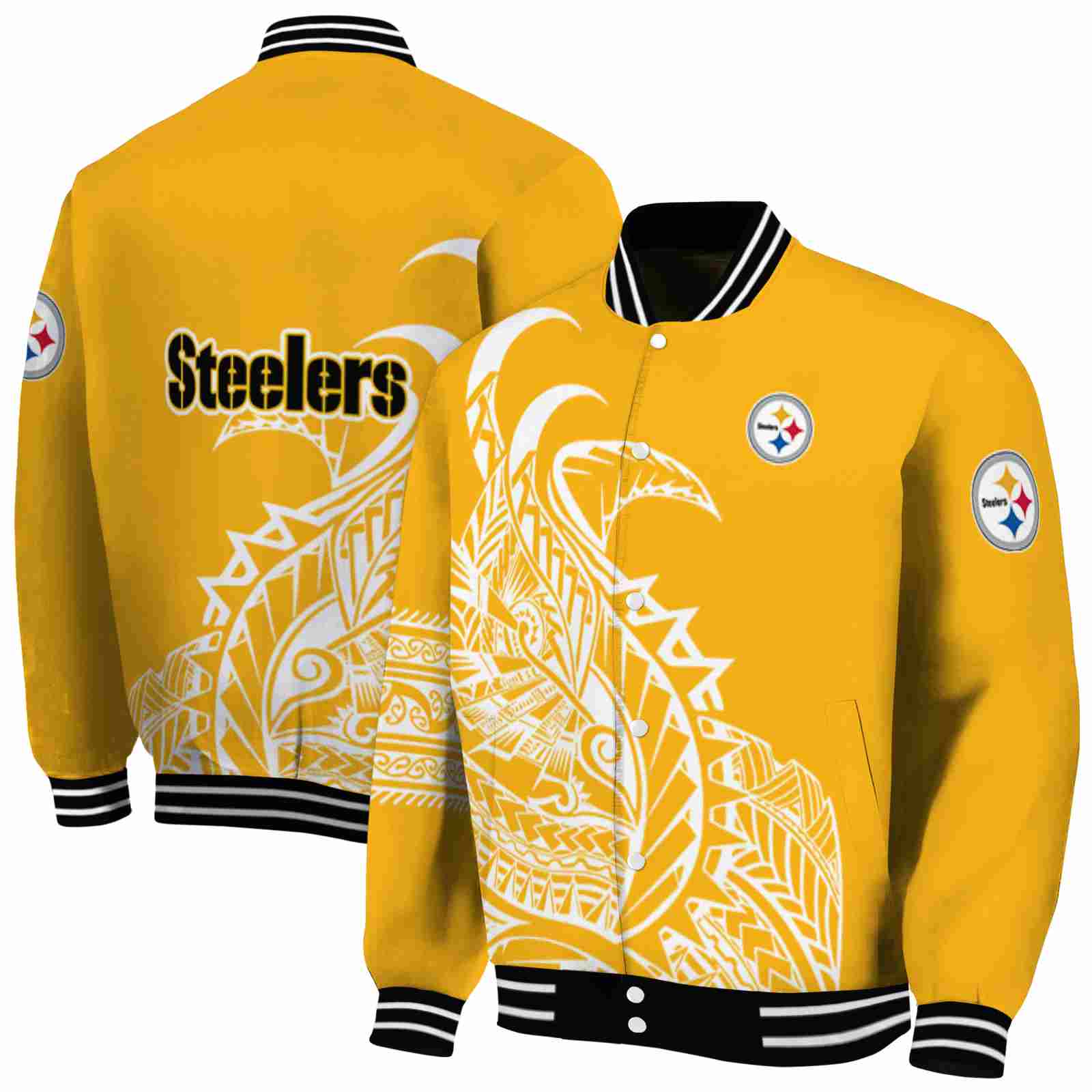 NFL Pittsburgh Steelers Tribal Art Gold White Black Custom Baseball Jacket Sport Fans Gear