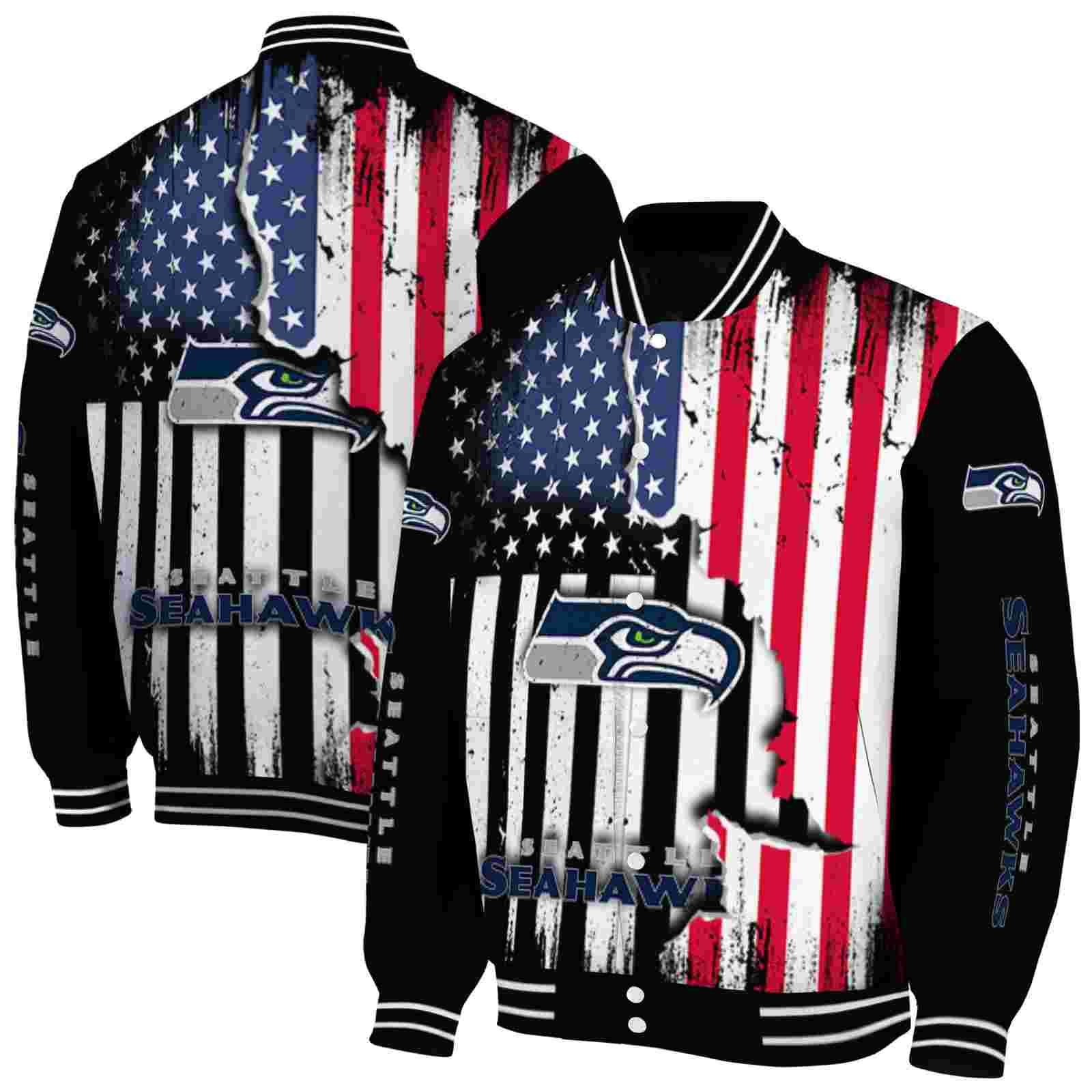 NFL Seattle Seahawks Patriotic Theme Black Custom Baseball Jacket Sport Fans Gear
