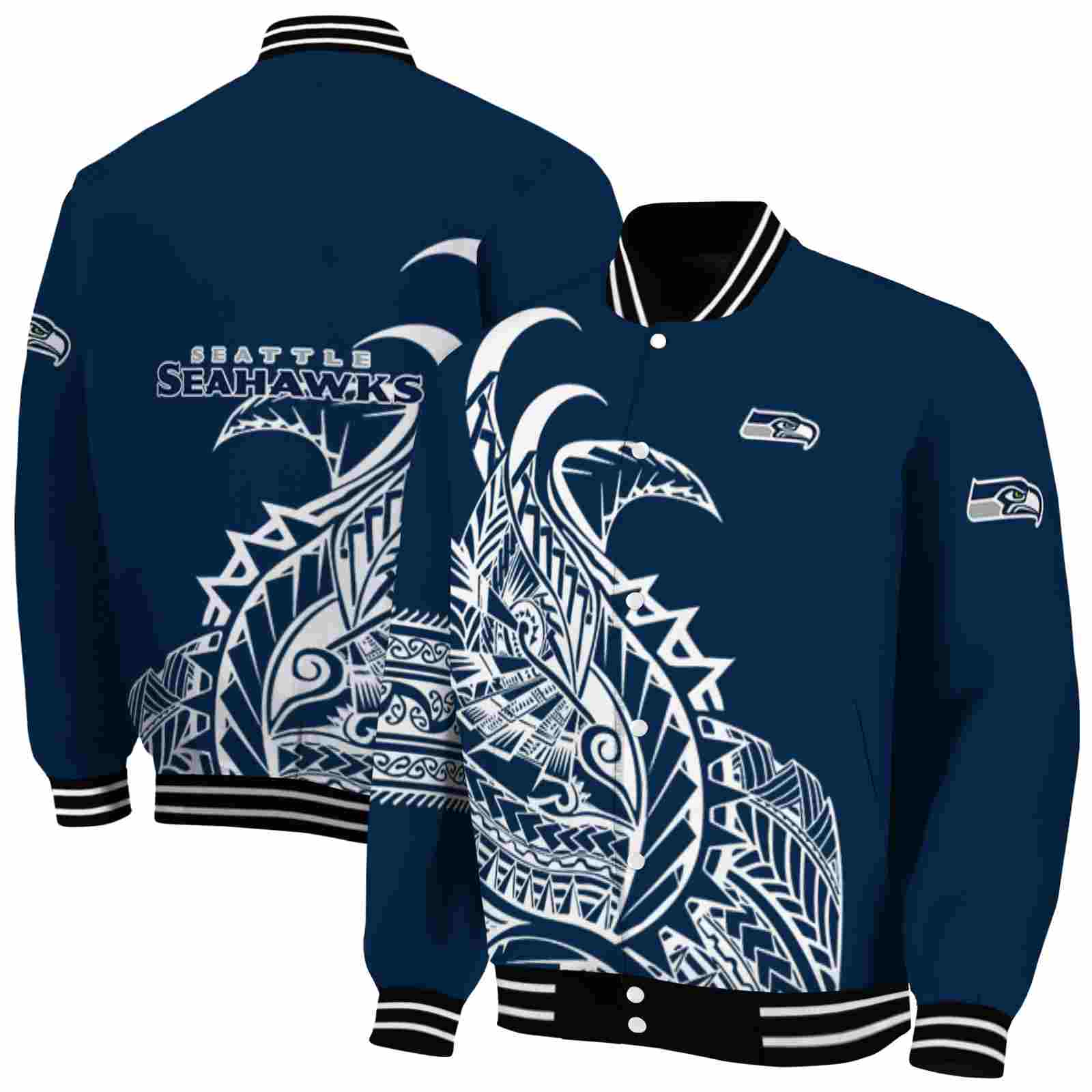 NFL Seattle Seahawks Tribal Art Blue White Black Custom Baseball Jacket Sport Fans Gear