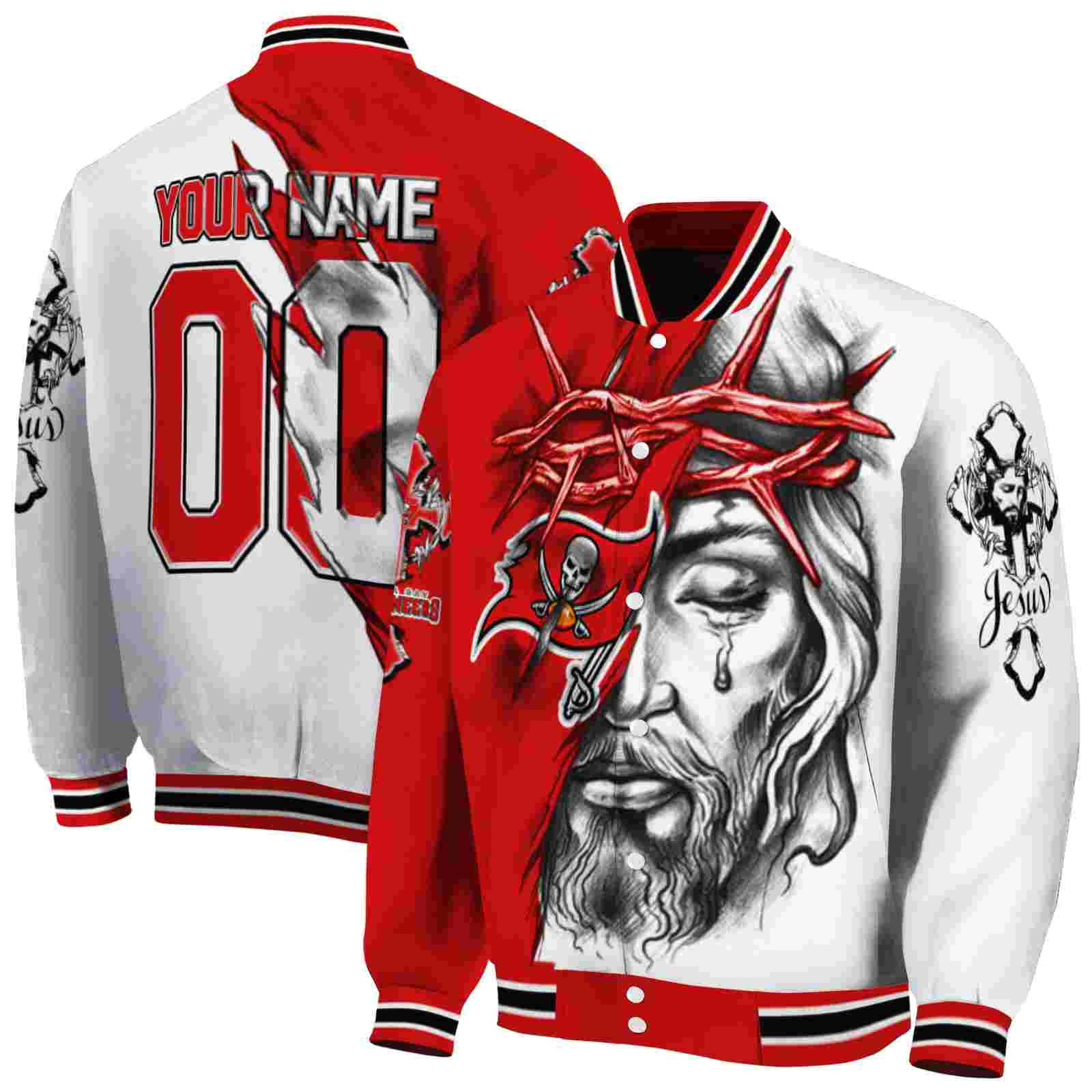 NFL Tampa Bay Buccaneers Jesus Tears Red White Custom Baseball Jacket Sport Fans Gear