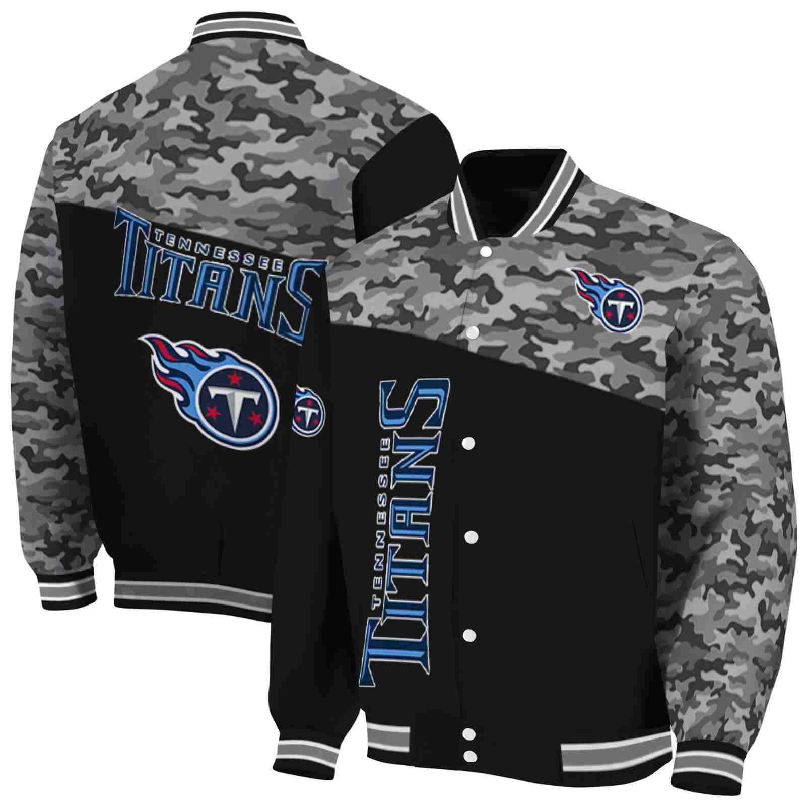 NFL Tennessee Titans Camo Patchwork Black Custom Baseball Jacket Sport Fans Gear