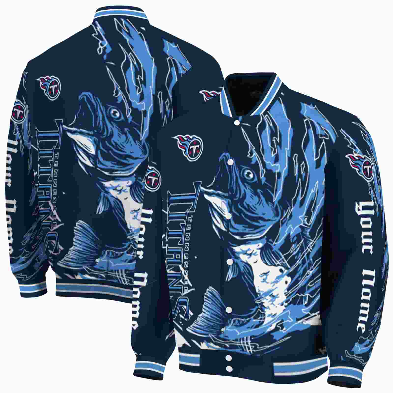 NFL Tennessee Titans Fishing Passion Navy White Custom Baseball Jacket Sport Fans Gear