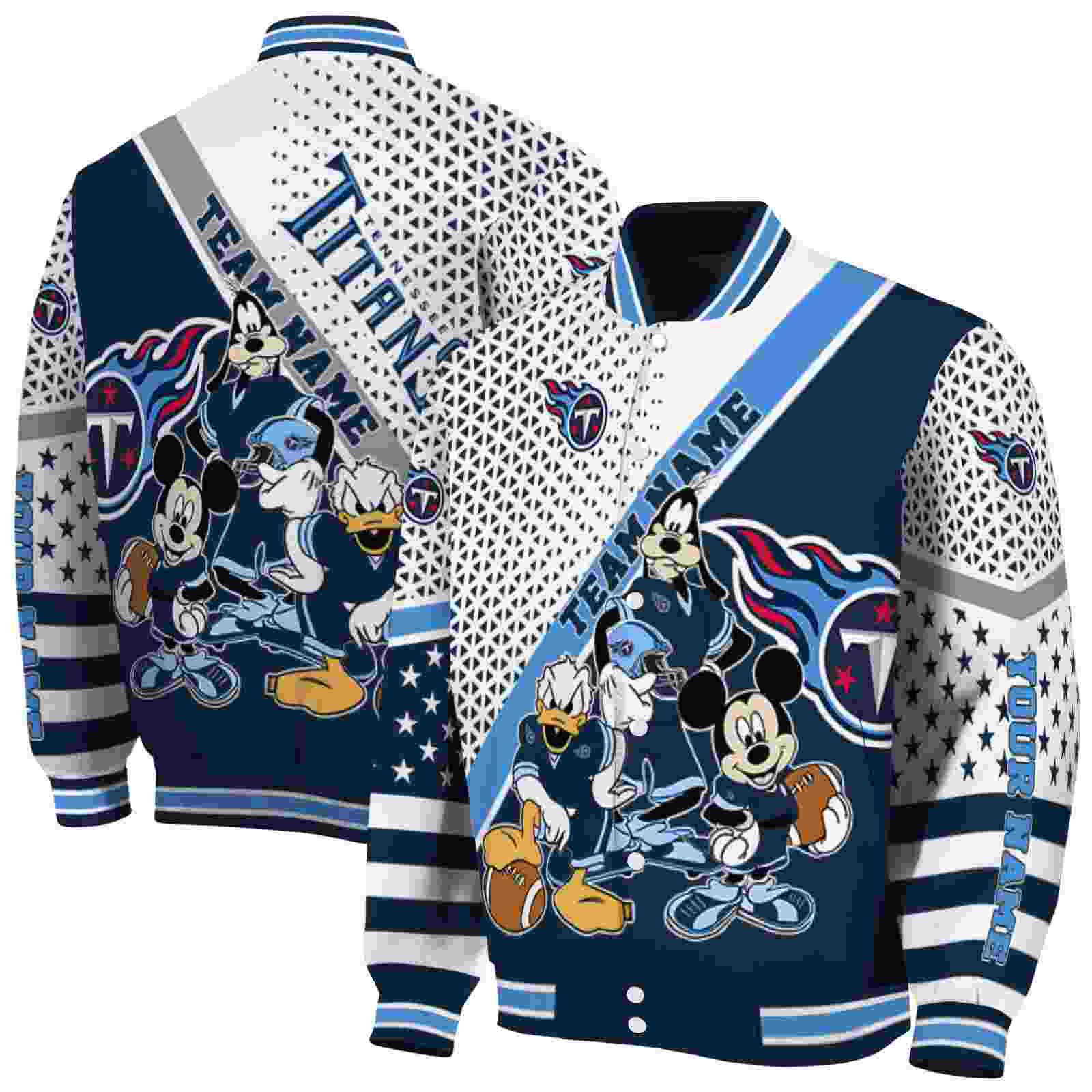 NFL Tennessee Titans Mickey Donald Goofy Navy White Custom Baseball Jacket Sport Fans Gear