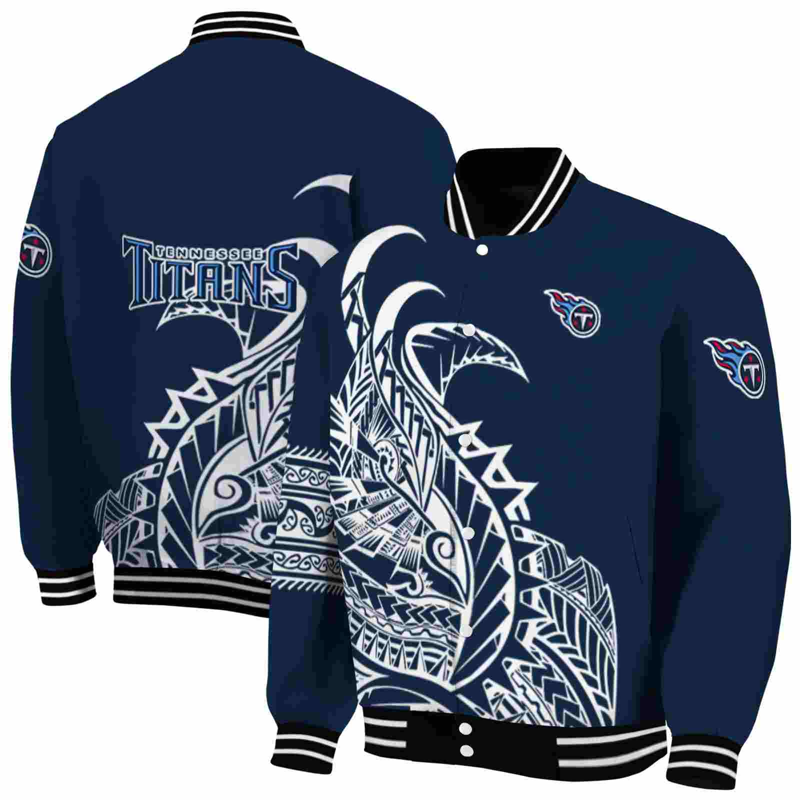 NFL Tennessee Titans Tribal Art Navy White Black Custom Baseball Jacket Sport Fans Gear
