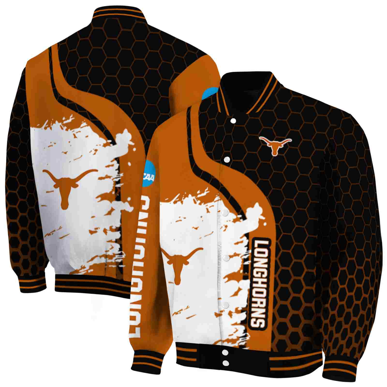 NFL Texas Longhorns Hexagonal Pattern Orange Black Custom Baseball Jacket Sport Fans Gear
