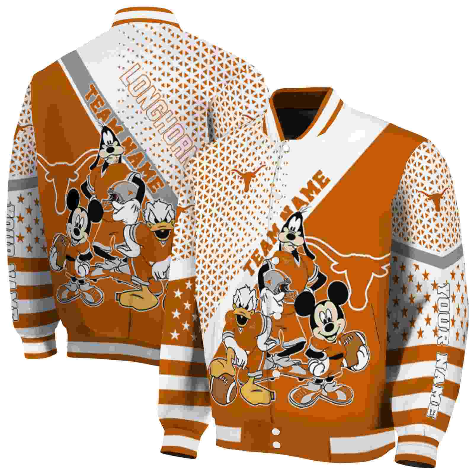 NFL Texas Longhorns Mickey Donald Goofy Orange White Custom Baseball Jacket Sport Fans Gear