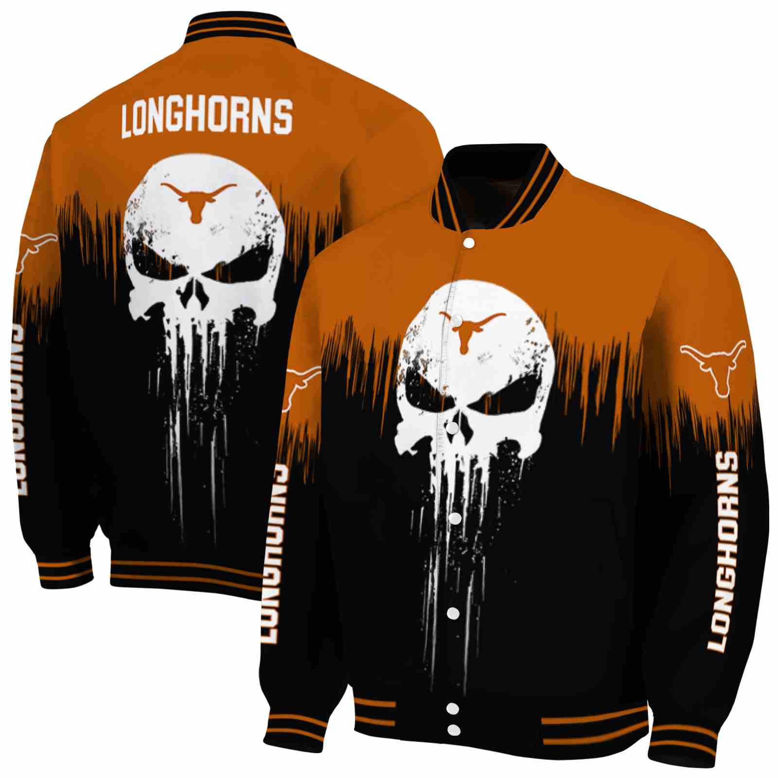 NFL Texas Longhorns Punisher Skull Orange Black White Custom Baseball Jacket Sport Fans Gear