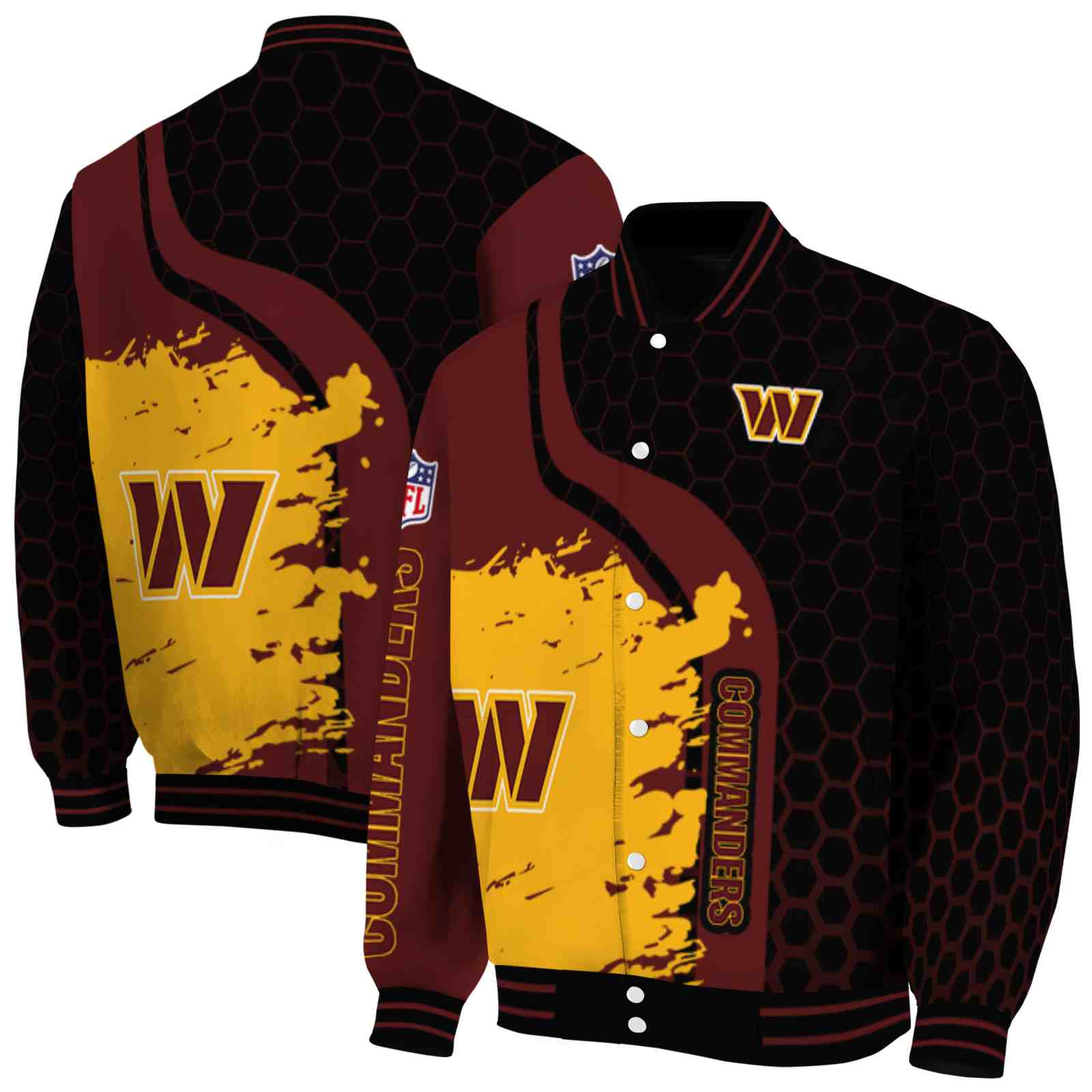 NFL Washington Commanders Hexagonal Pattern Burgundy Black Custom Baseball Jacket Sport Fans Gear