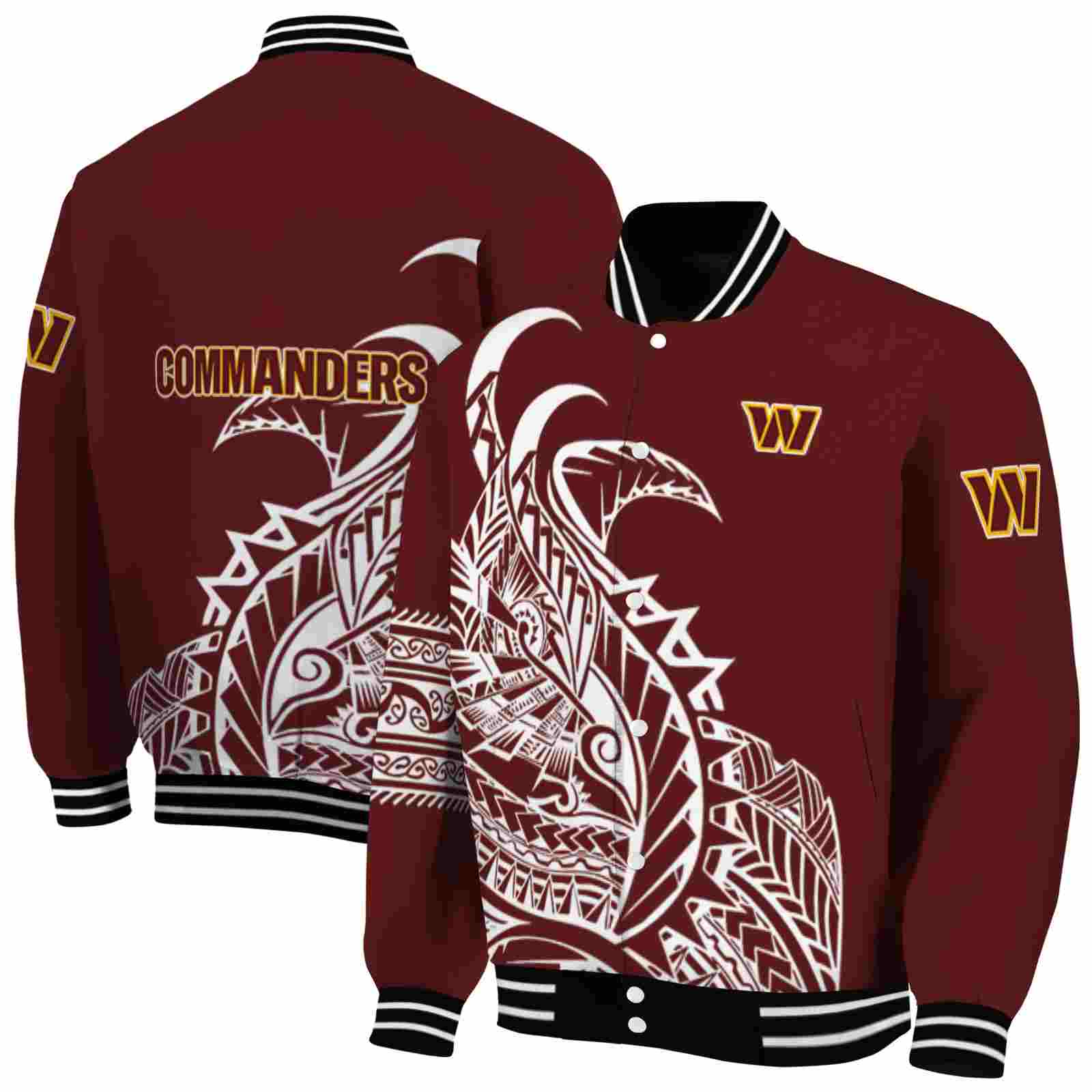 NFL Washington Commanders Tribal Art Burgundy White Black Custom Baseball Jacket Sport Fans Gear