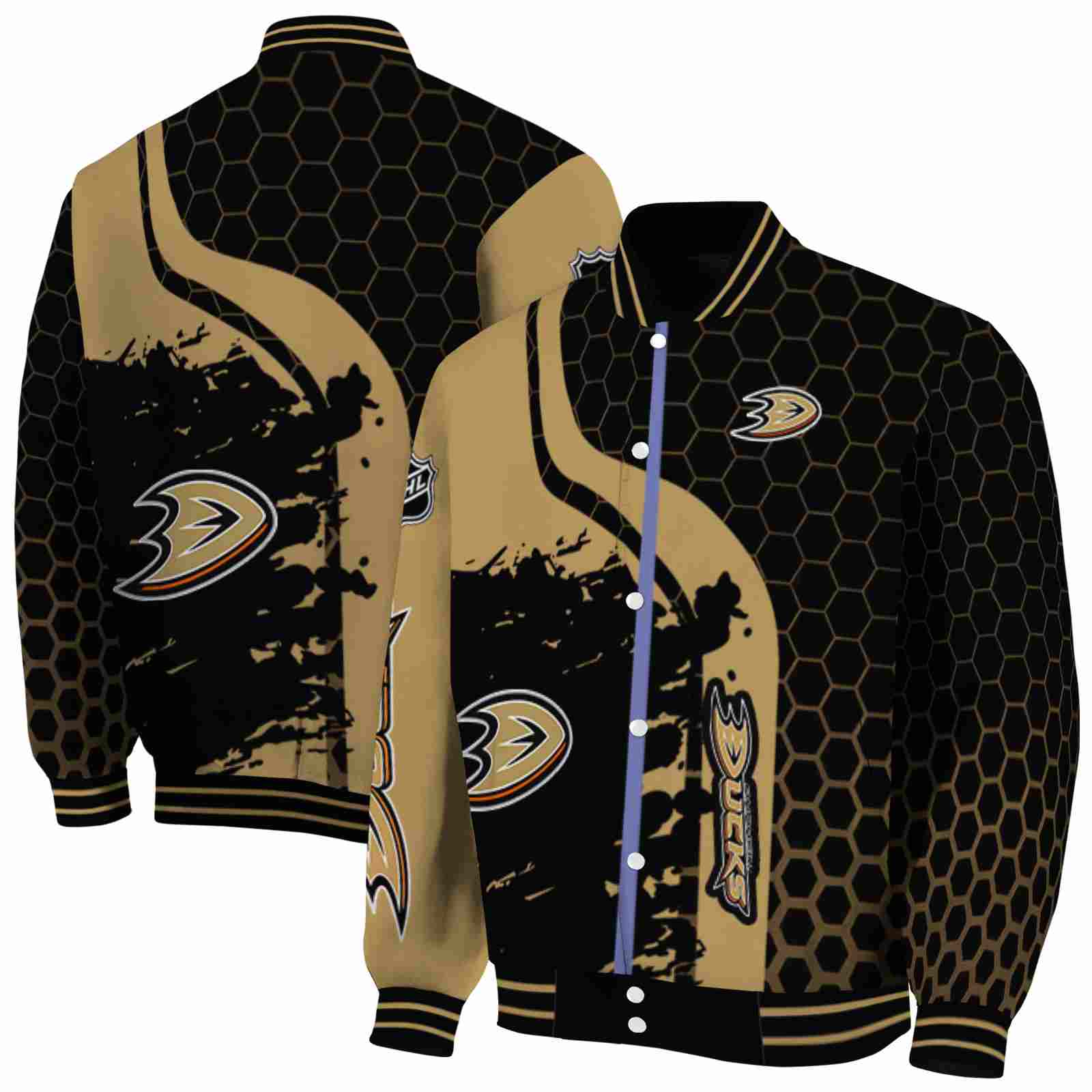 NHL Anaheim Ducks Hexagonal Pattern Gold Black Custom Baseball Jacket Sport Fans Gear