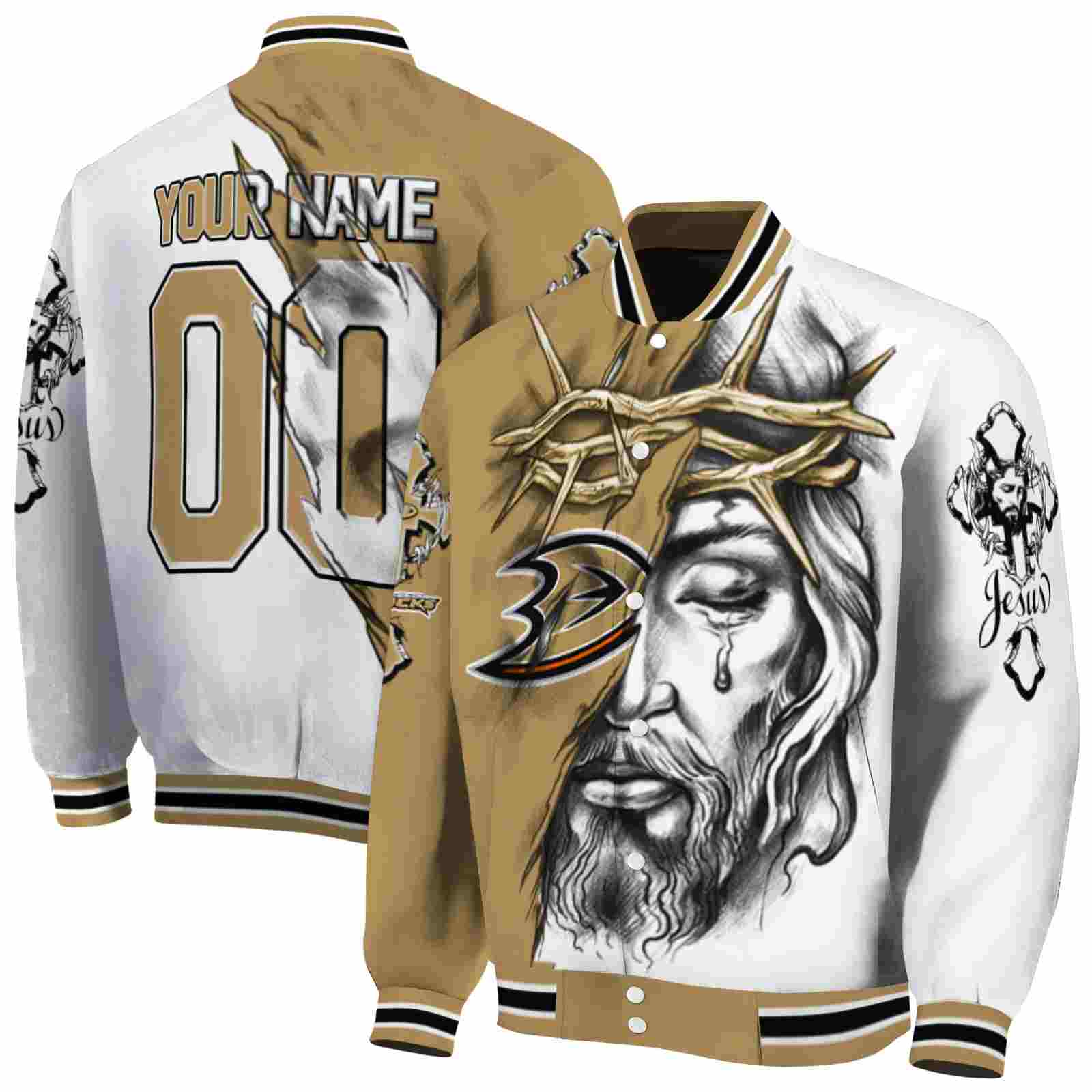 NHL Anaheim Ducks Jesus Tears Gold White Custom Baseball Jacket Sport Fans Gear