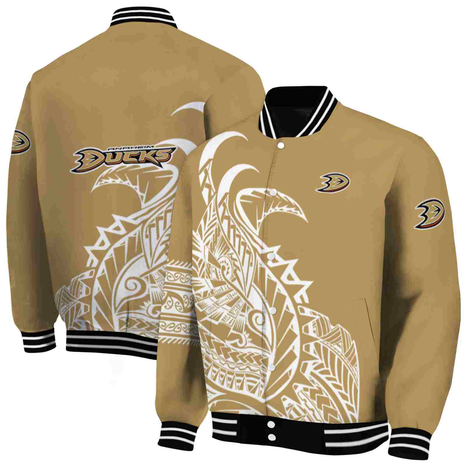 NHL Anaheim Ducks Tribal Art Gold White Black Custom Baseball Jacket Sport Fans Gear