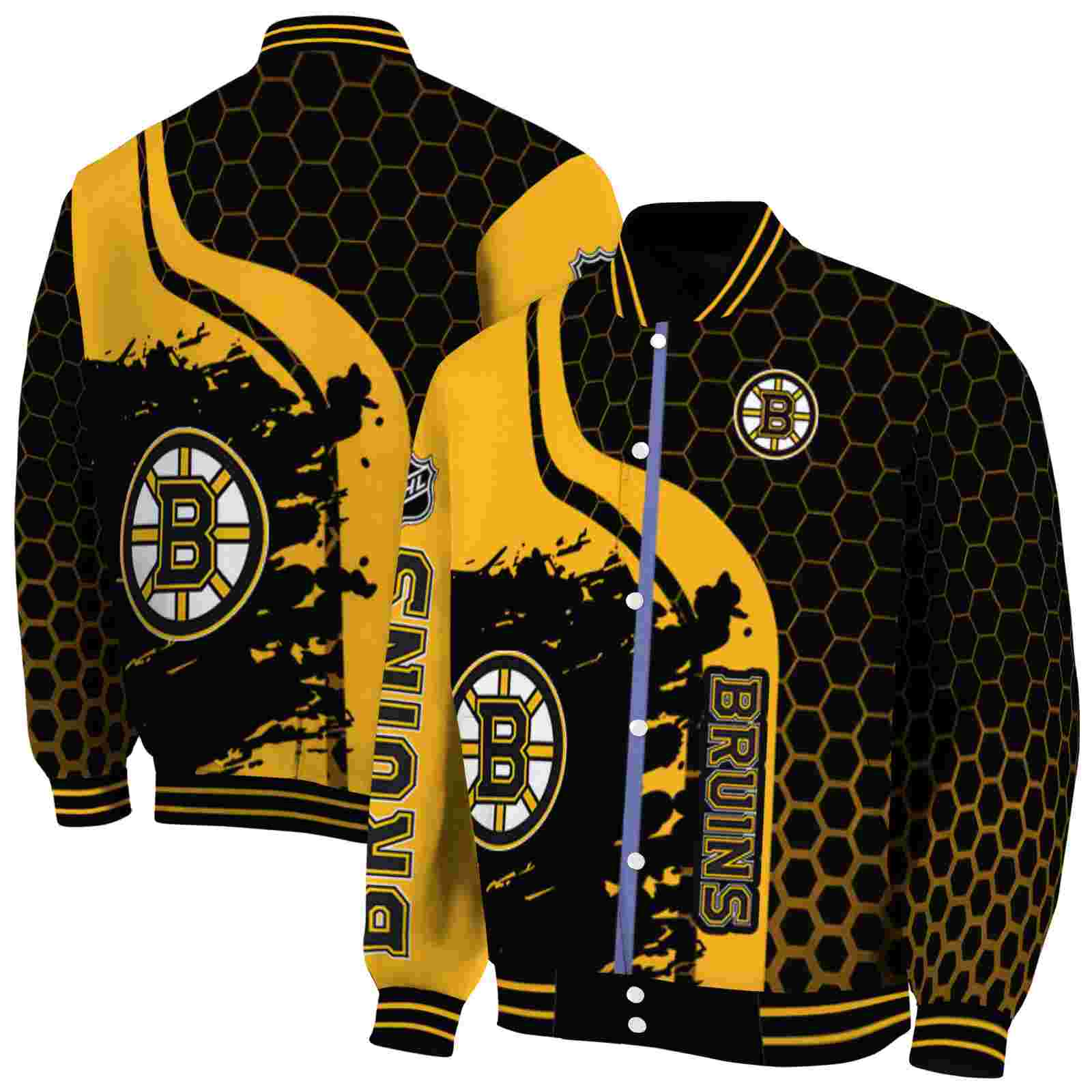 NHL Boston Bruins Hexagonal Pattern Gold Black Custom Baseball Jacket Sport Fans Gear