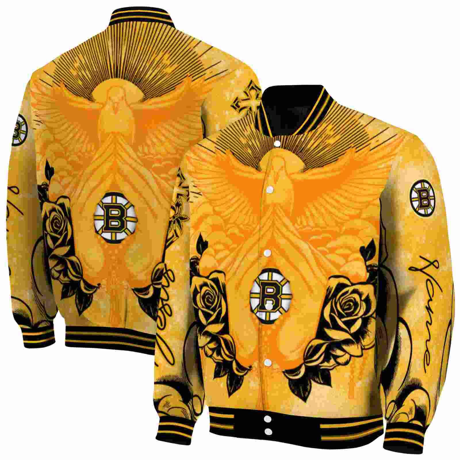 NHL Boston Bruins Praying Hands Gold Custom Baseball Jacket Sport Fans Gear