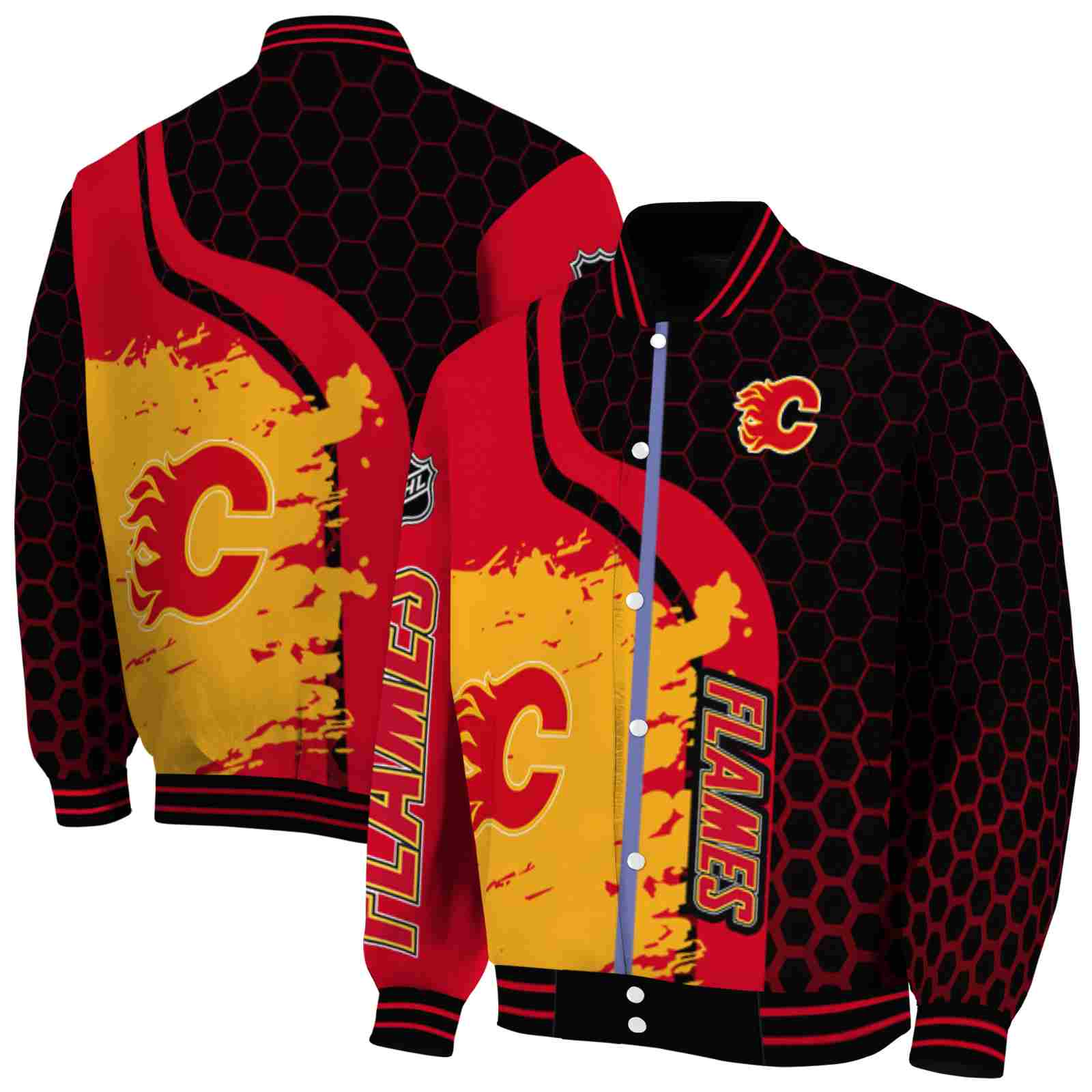 NHL Calgary Flames Hexagonal Pattern Red Black Custom Baseball Jacket Sport Fans Gear