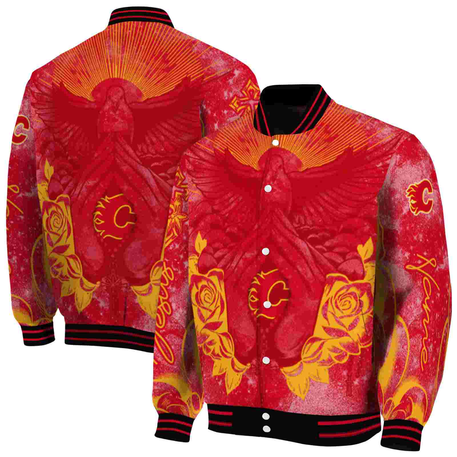 NHL Calgary Flames Praying Hands Red Custom Baseball Jacket Sport Fans Gear