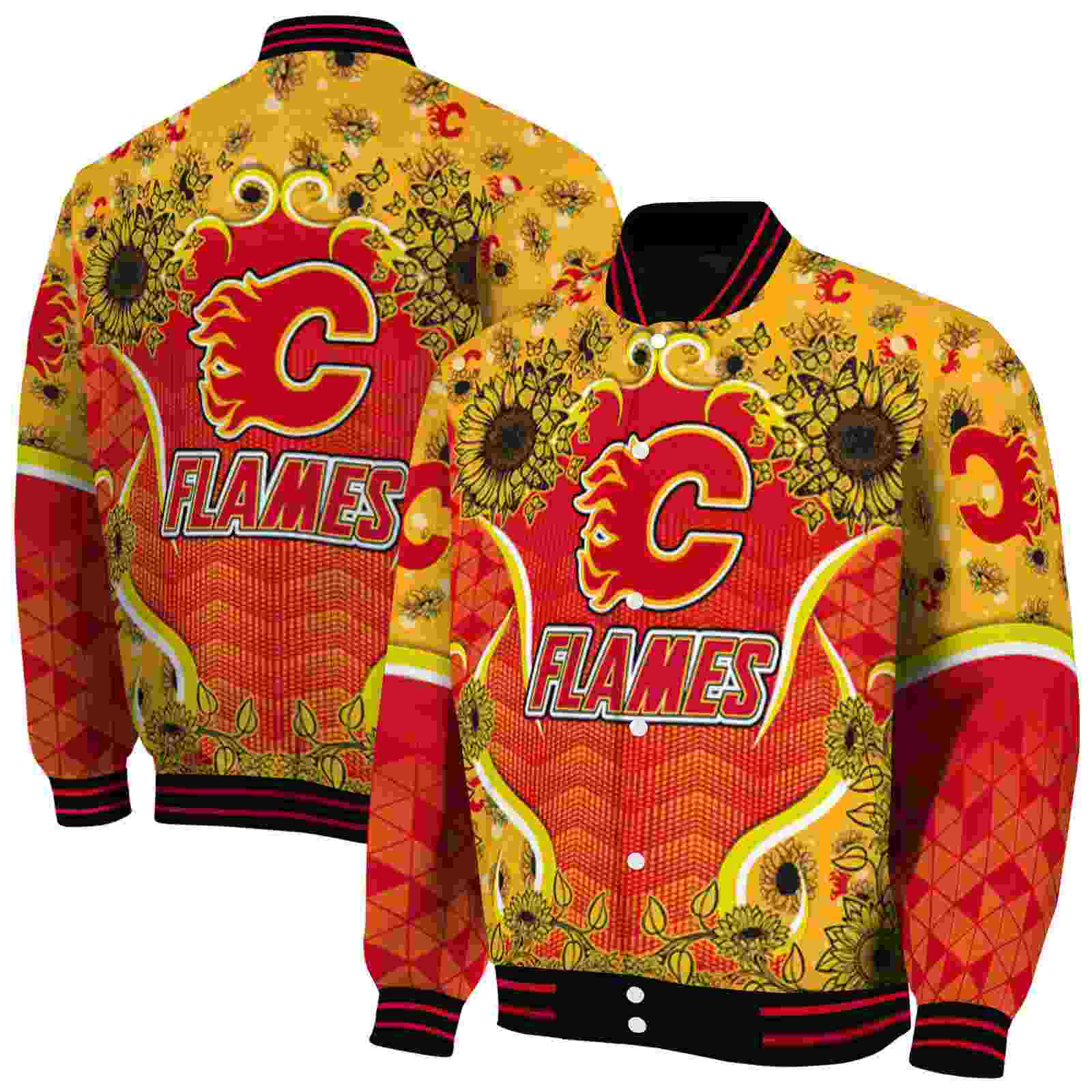 NHL Calgary Flames SuNFL ower Bloom Red Yellow Custom Baseball Jacket Sport Fans Gear