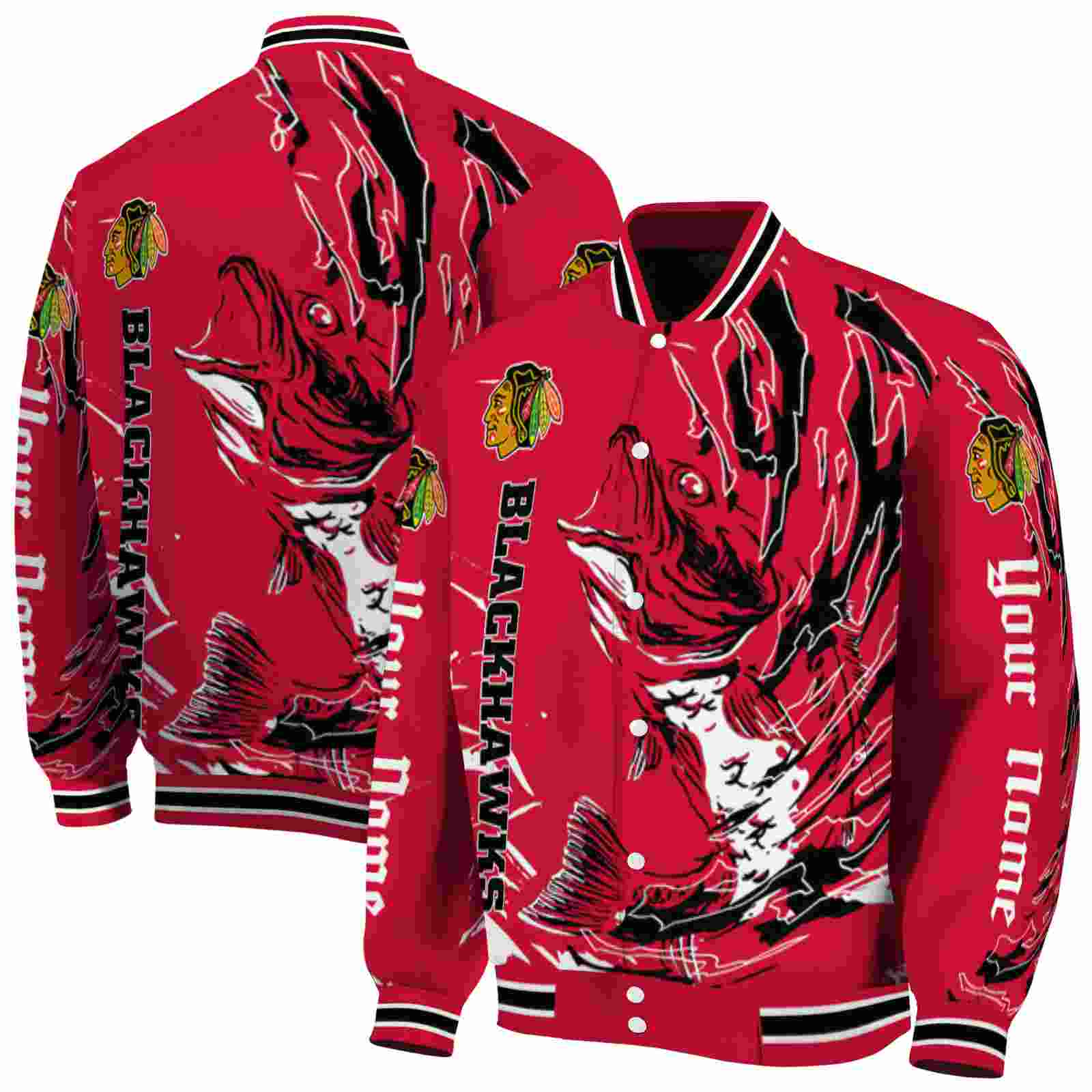 NHL Chicago Blackhawks Fishing Passion Red White Custom Baseball Jacket Sport Fans Gear
