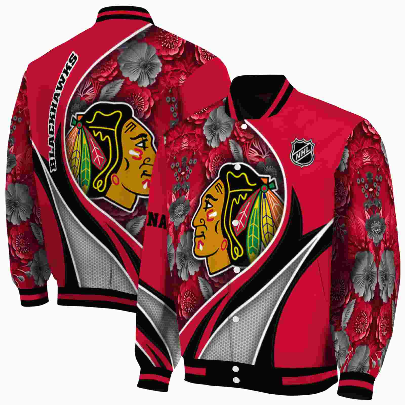 NHL Chicago Blackhawks Floral Print Red Custom Baseball Jacket Sport Fans Gear