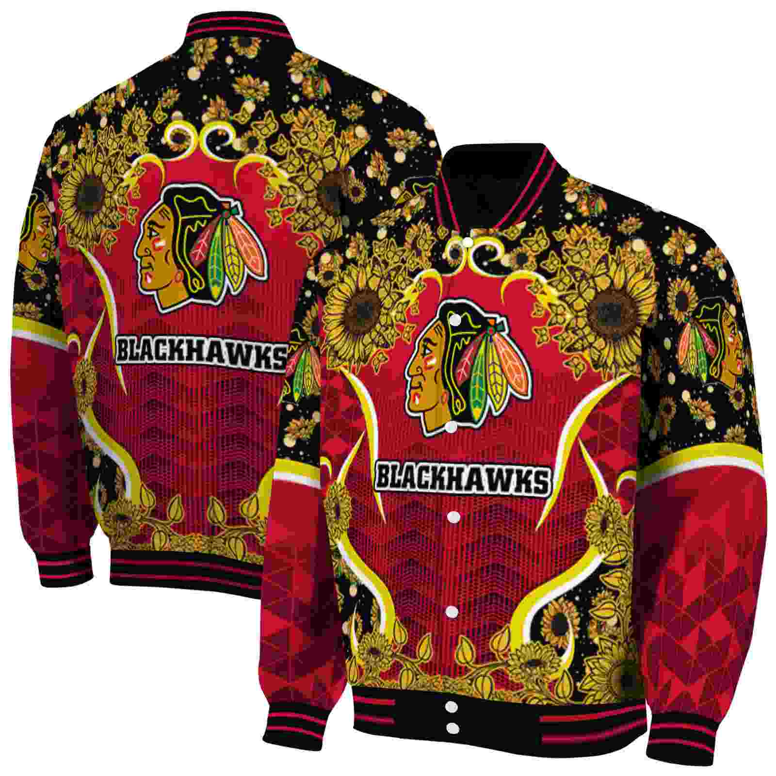 NHL Chicago Blackhawks SuNFL ower Bloom Red Yellow Custom Baseball Jacket Sport Fans Gear