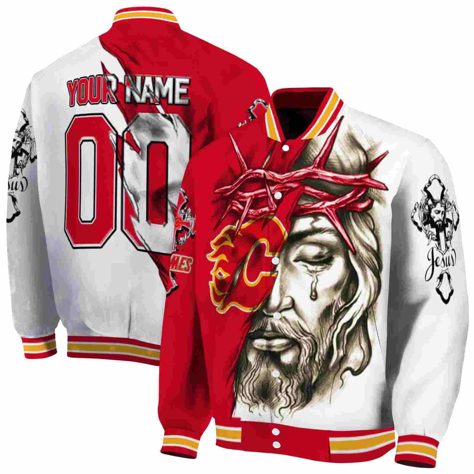 NHL Customized Calgary Flames Jesus Tears Red White Custom Baseball Jacket Sport Fans Gear