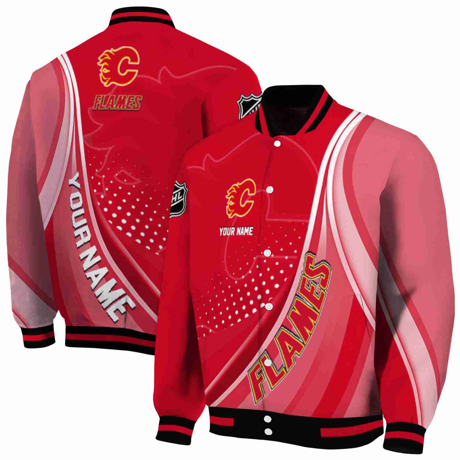 NHL Customized Calgary Flames Wave Patterns Red Custom Baseball Jacket Sport Fans Gear