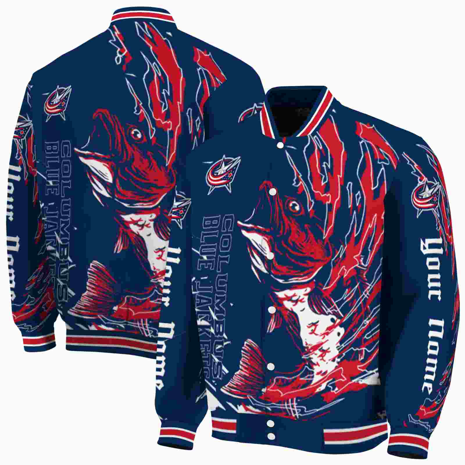 NHL Customized Columbus Blue Custom Baseball Jacket Sport Fans Gears Fishing Passion Navy Blue White Custom Baseball Jacket Sport Fans Gear