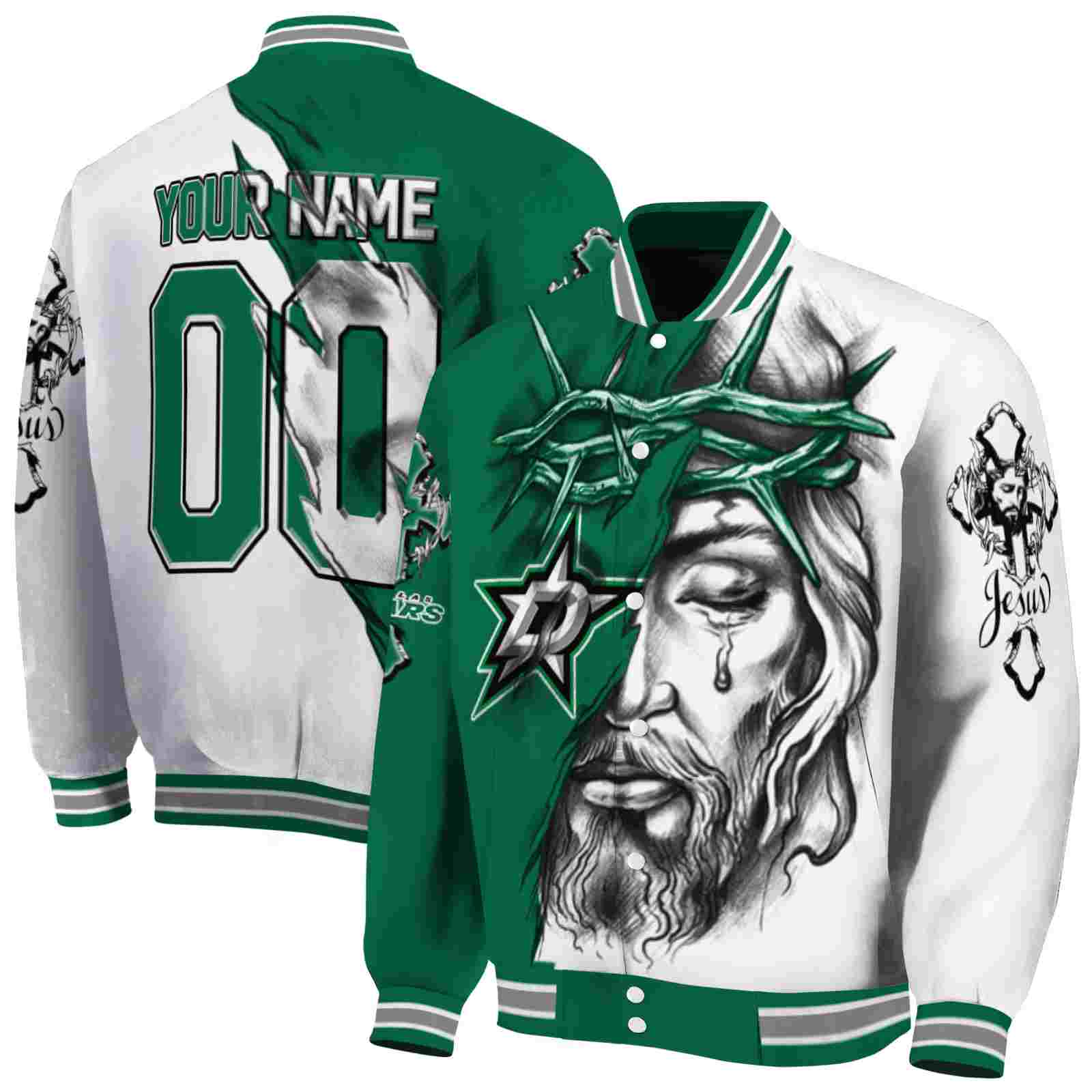 NHL Customized Dallas Stars Jesus Tears Green White Custom Baseball Jacket Sport Fans Gear