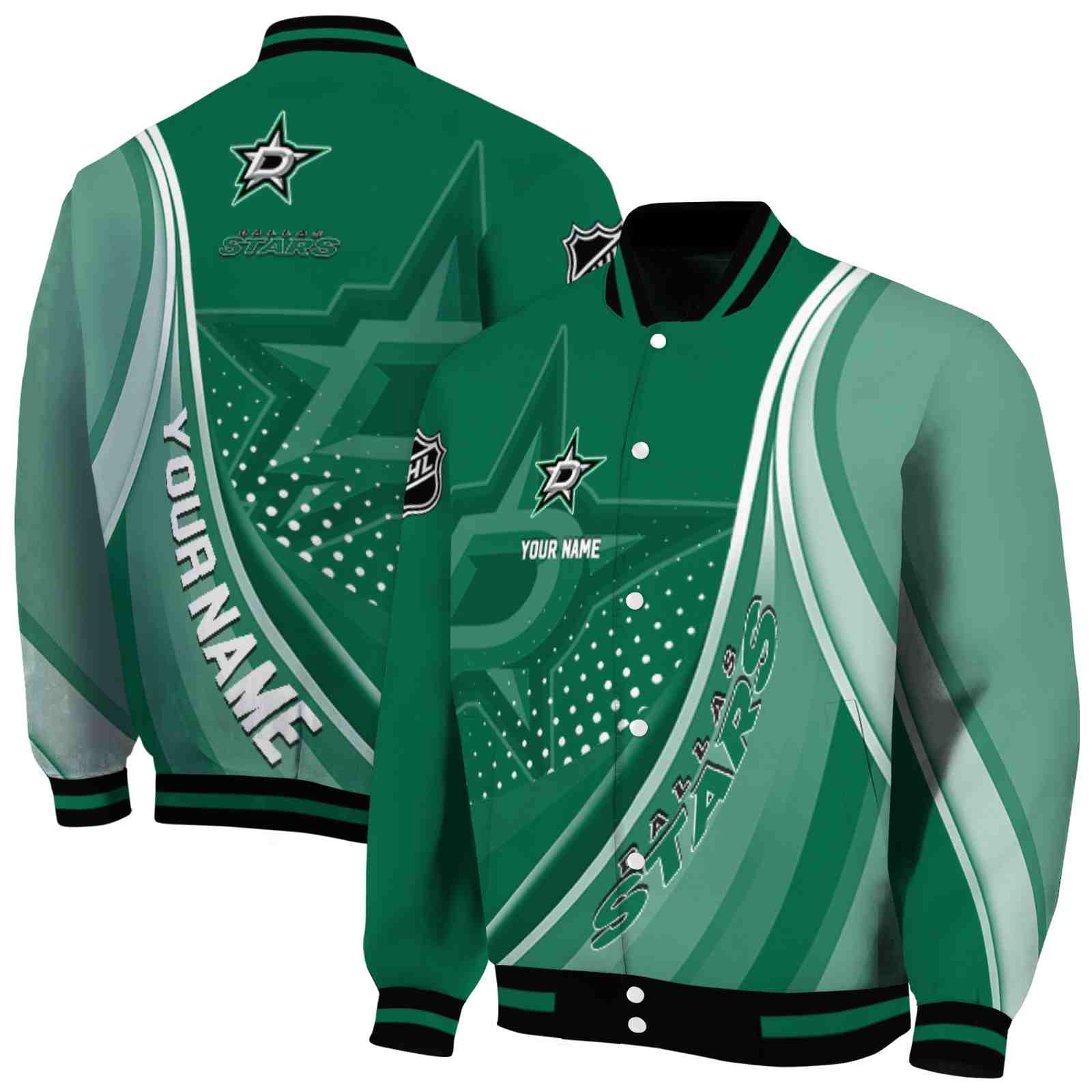NHL Customized Dallas Stars Wave Patterns Green Custom Baseball Jacket Sport Fans Gear