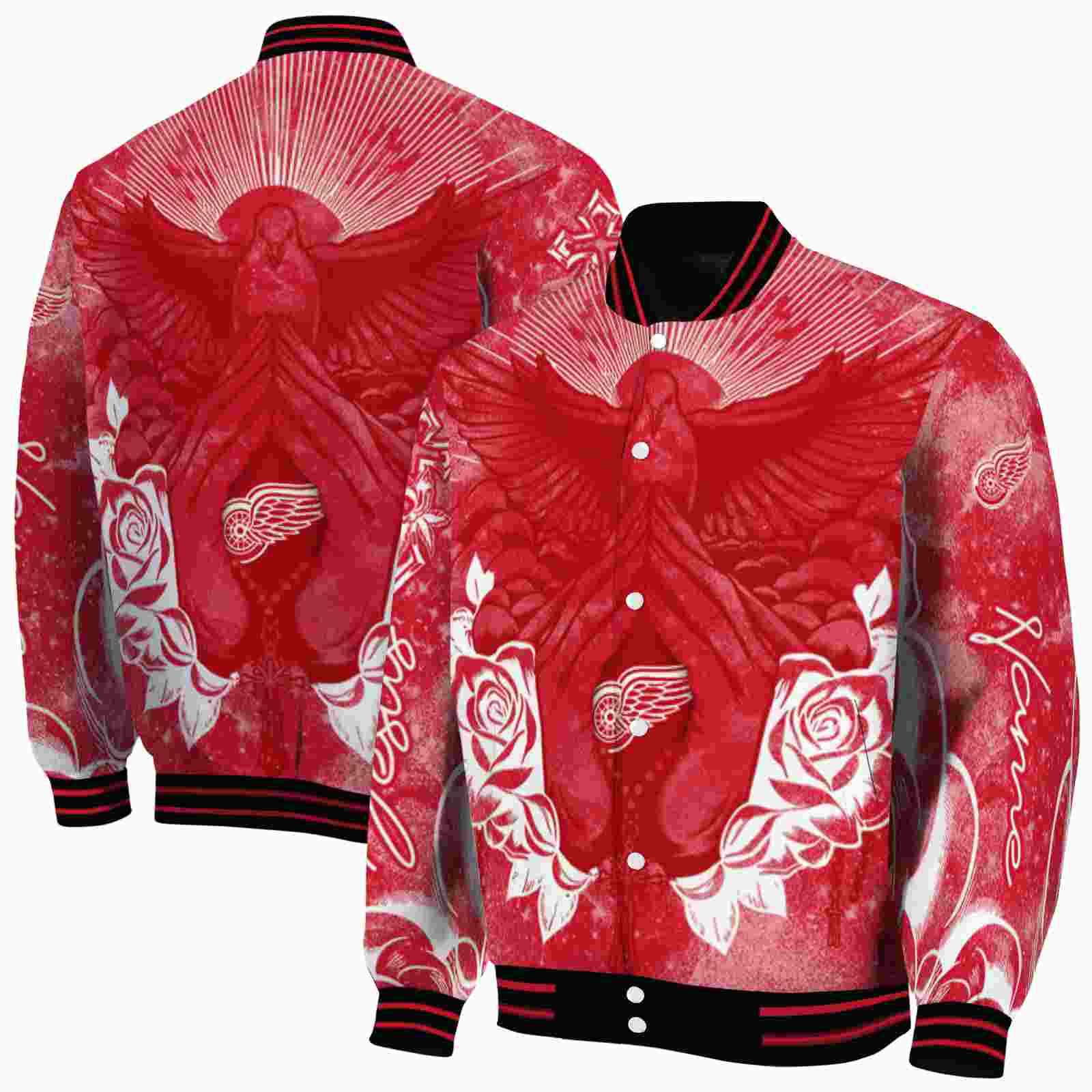 NHL Customized Detroit Red Wings Praying Hands Red Custom Baseball Jacket Sport Fans Gear