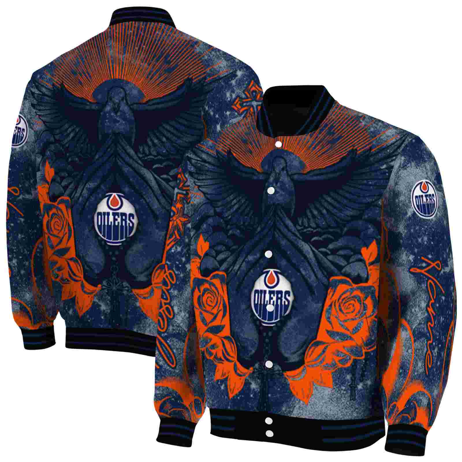 NHL Customized Edmonton Oilers Praying Hands Blue Custom Baseball Jacket Sport Fans Gear
