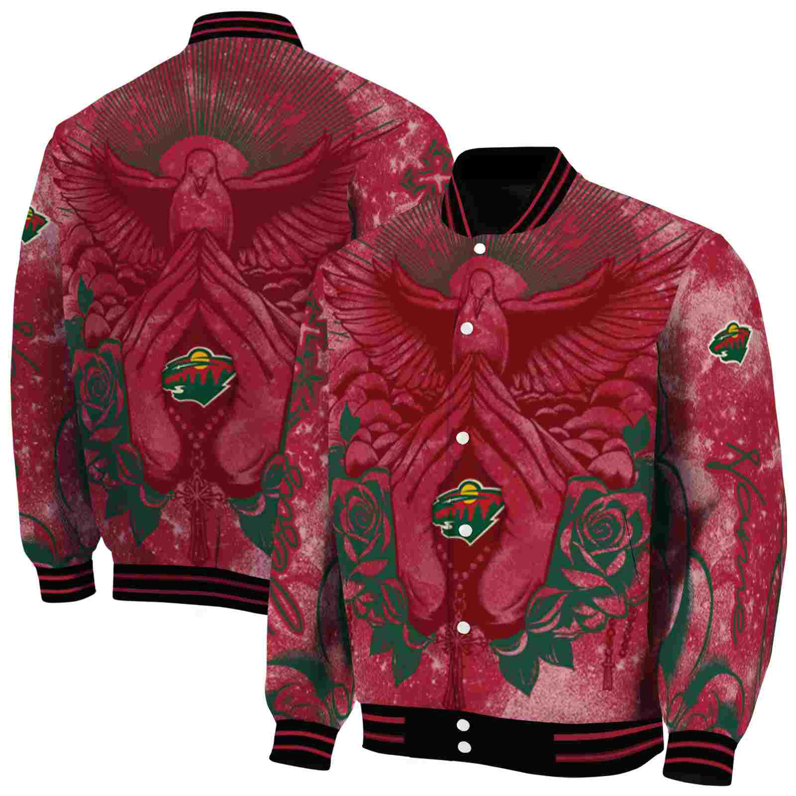 NHL Customized Minnesota Wild Praying Hands Red Custom Baseball Jacket Sport Fans Gear