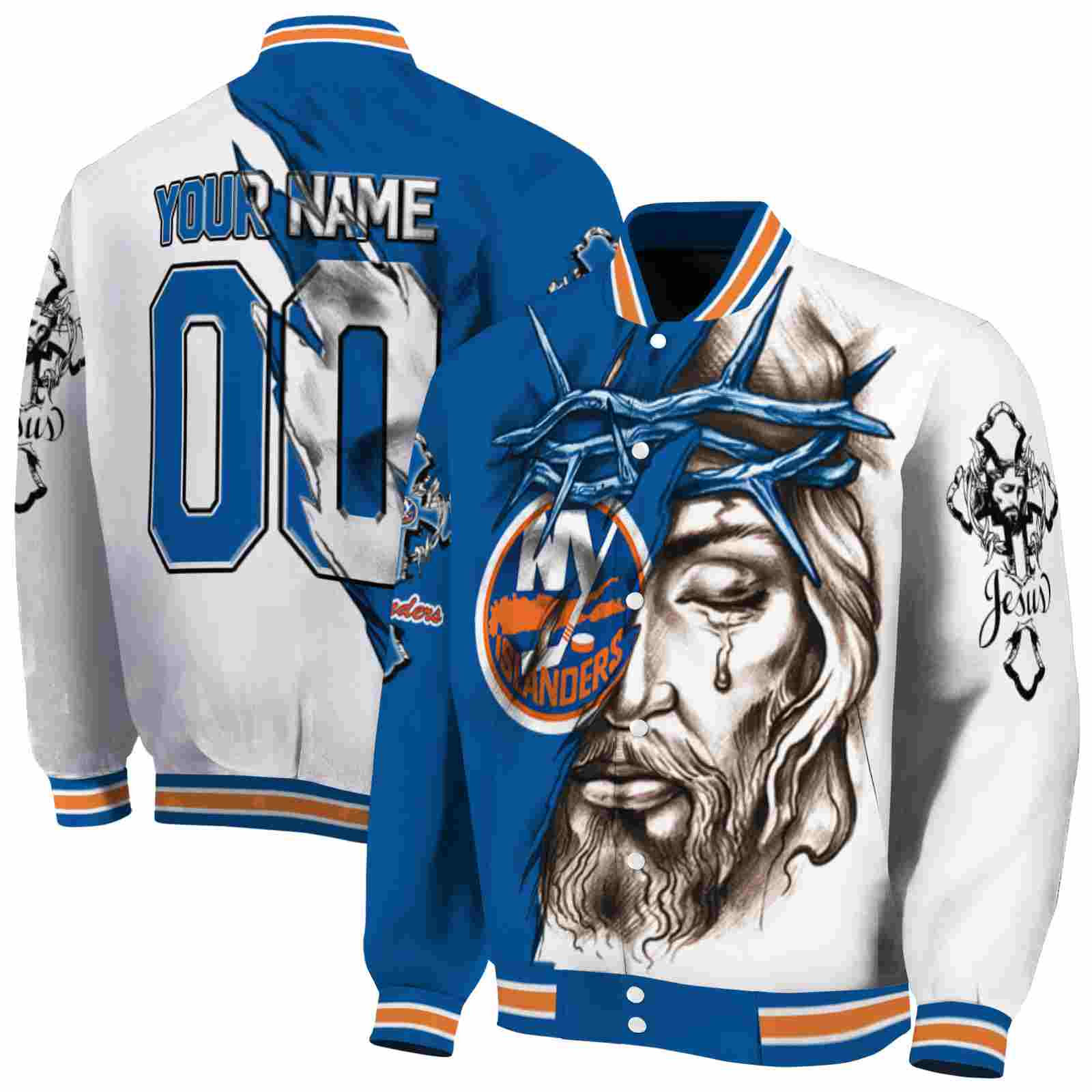 NHL Customized New York Islanders Jesus Tears Blue White Custom Baseball Jacket Sport Fans Gear
