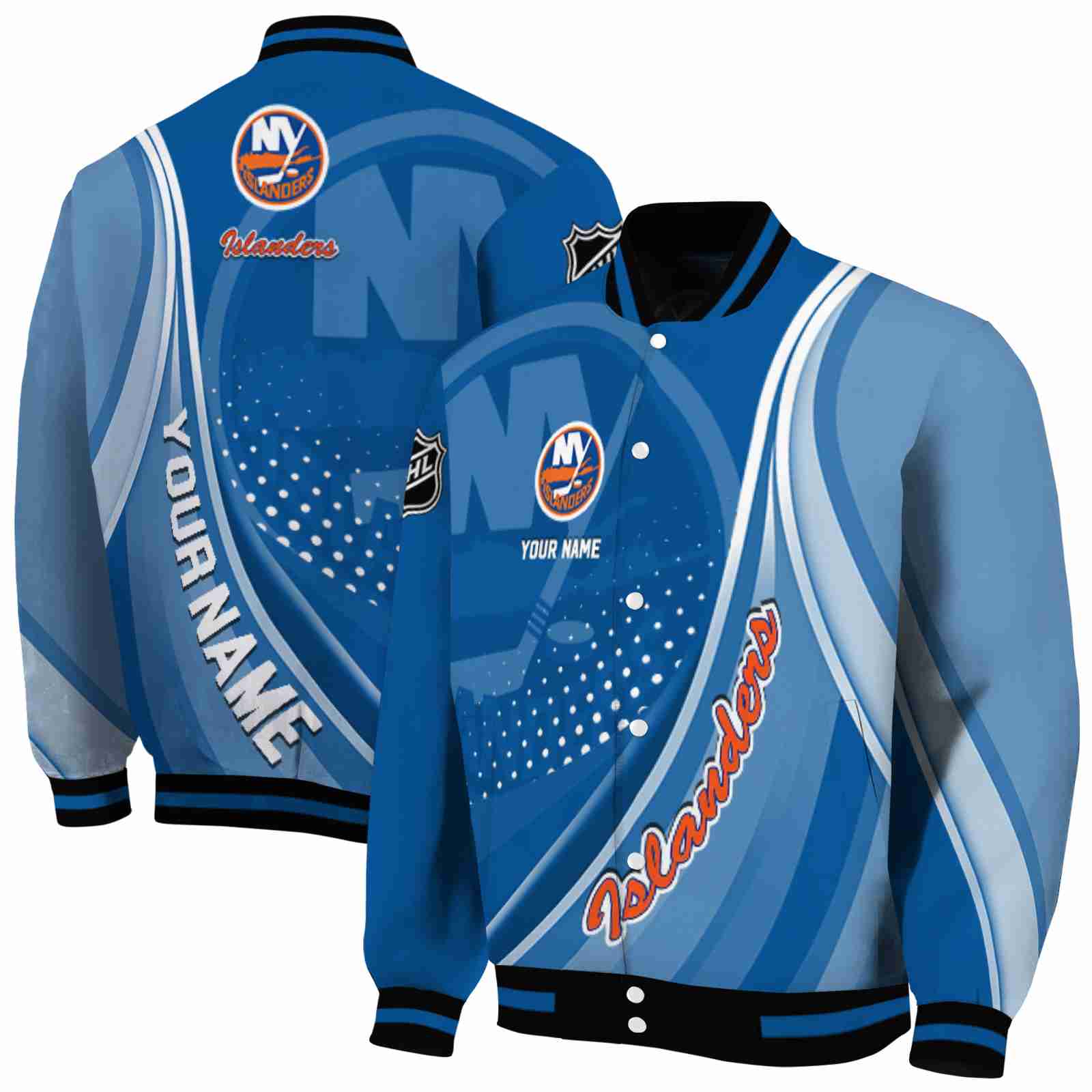 NHL Customized New York Islanders Wave Patterns Blue Custom Baseball Jacket Sport Fans Gear