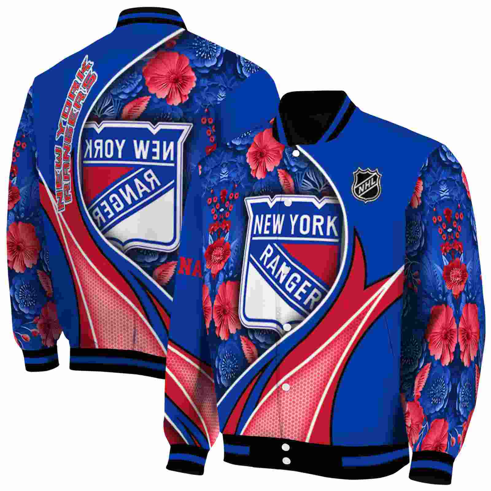NHL Customized New York Rangers Floral Print Blue Custom Baseball Jacket Sport Fans Gear