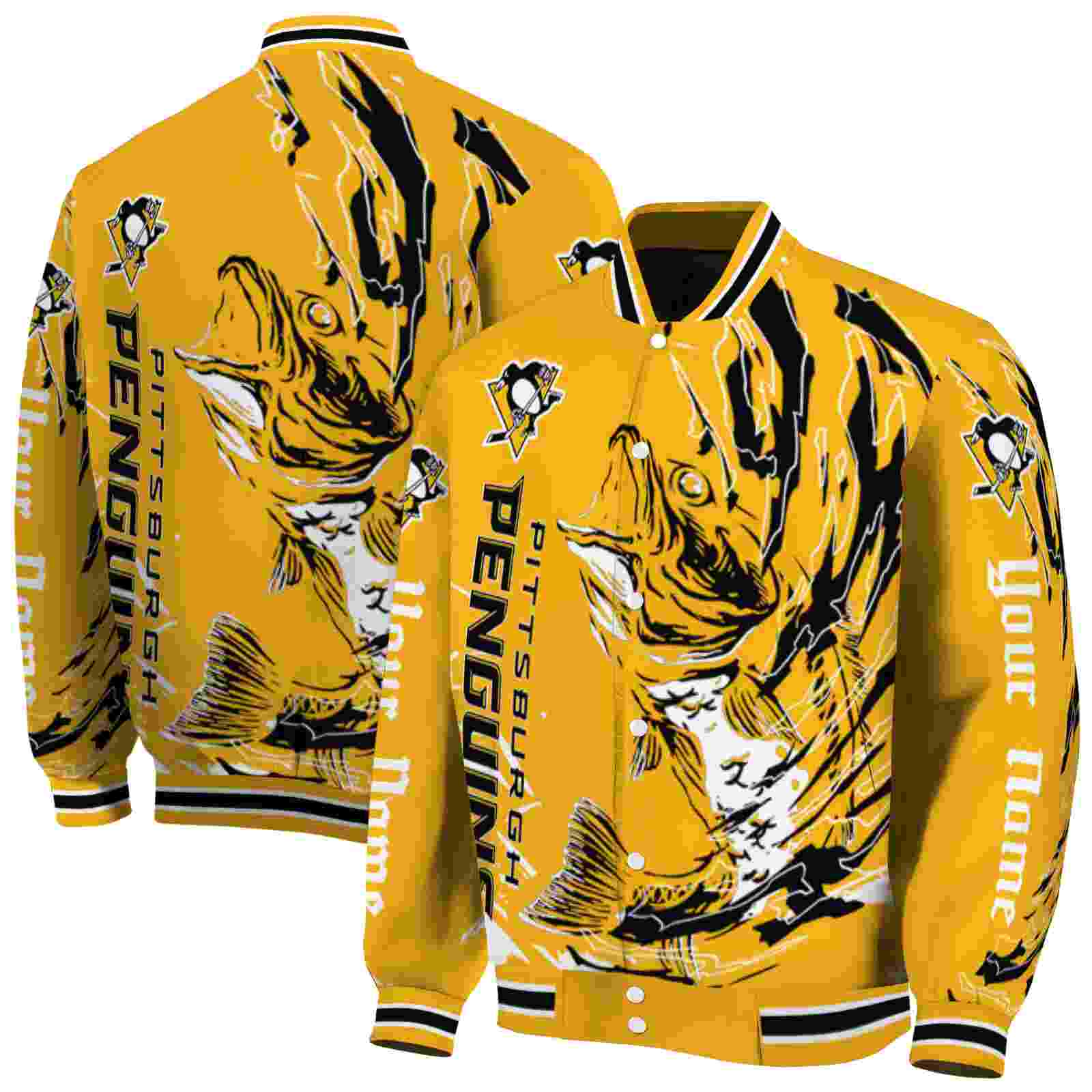 NHL Customized Pittsburgh Penguins Fishing Passion Yellow White Custom Baseball Jacket Sport Fans Gear