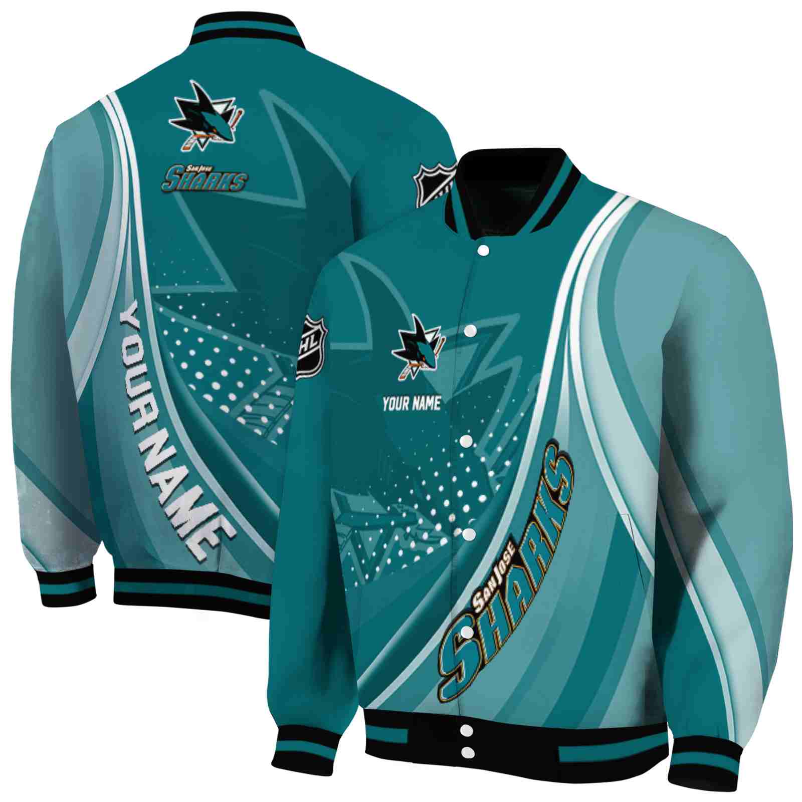 NHL Customized San Jose Sharks Wave Patterns Teal Custom Baseball Jacket Sport Fans Gear