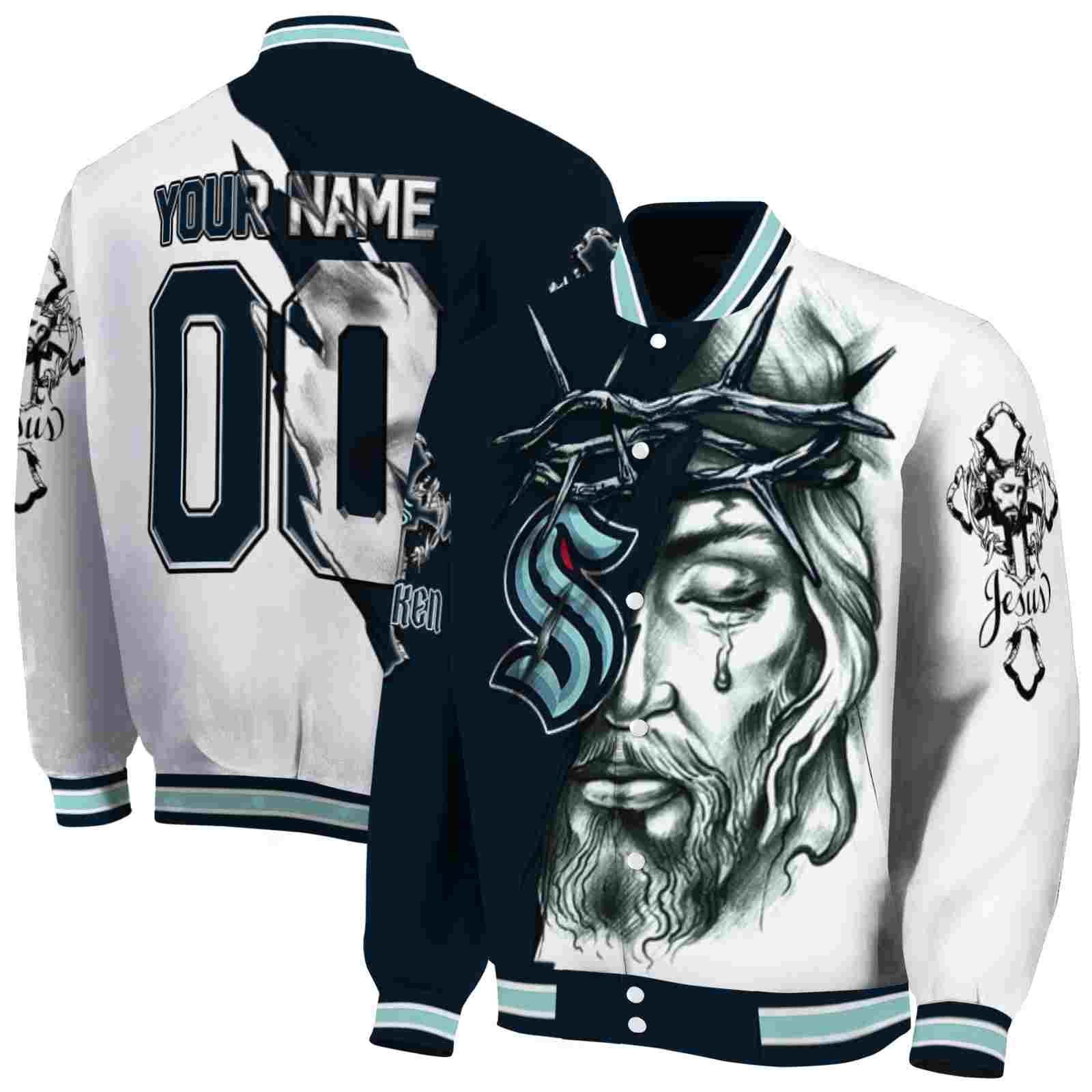 NHL Customized Seattle Kraken Jesus Tears Blue White Custom Baseball Jacket Sport Fans Gear