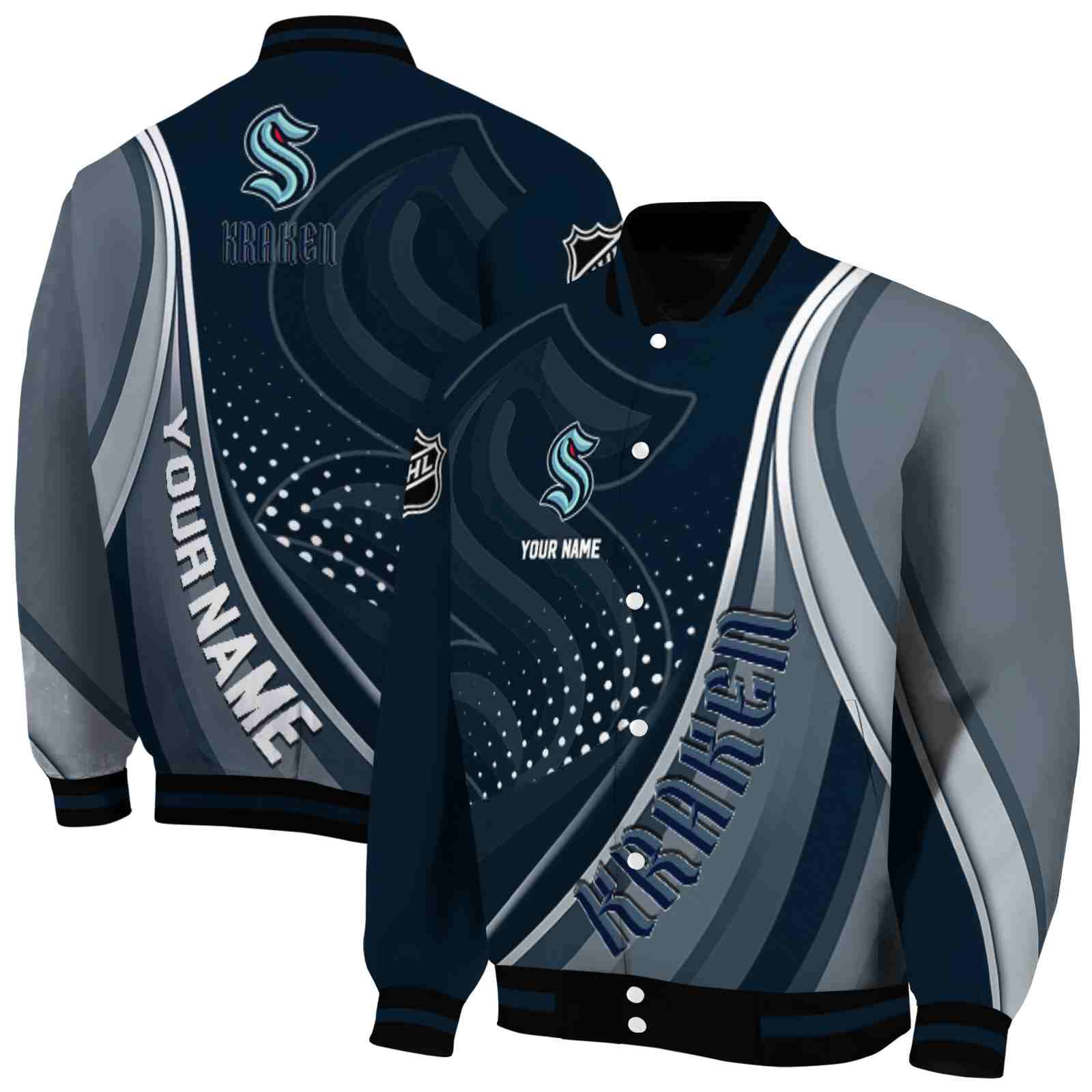NHL Customized Seattle Kraken Wave Patterns Blue Custom Baseball Jacket Sport Fans Gear