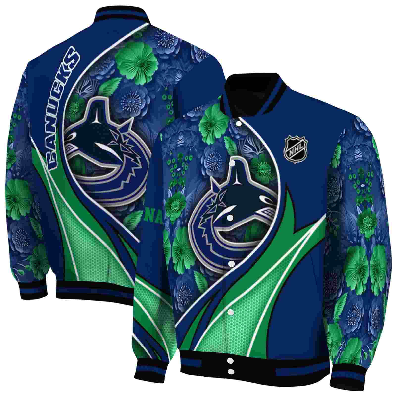 NHL Customized Vancouver Canucks Floral Print Blue Custom Baseball Jacket Sport Fans Gear