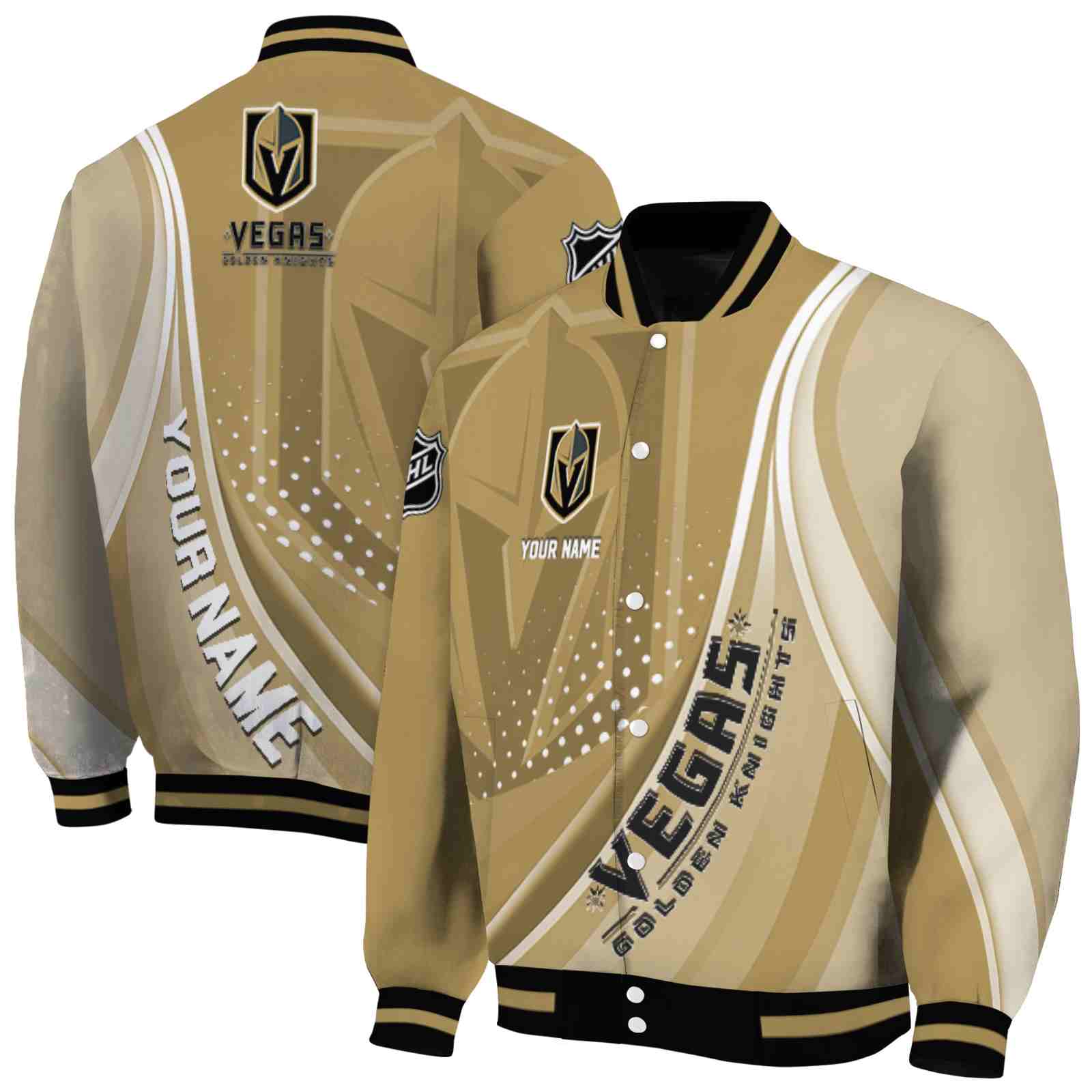 NHL Customized Vegas Golden Knights Wave Patterns Tan Custom Baseball Jacket Sport Fans Gear