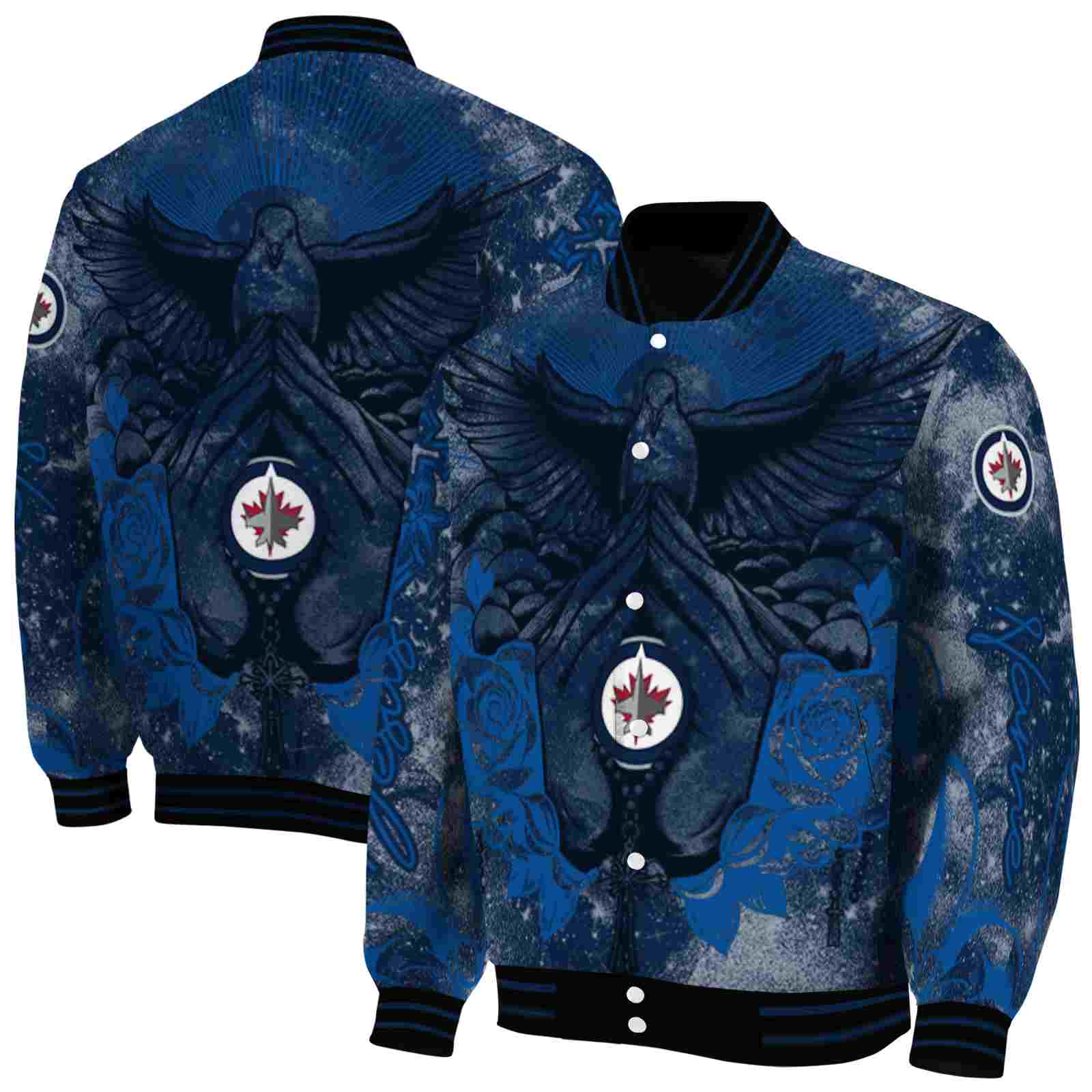 NHL Customized Winnipeg Jets Praying Hands Blue Custom Baseball Jacket Sport Fans Gear