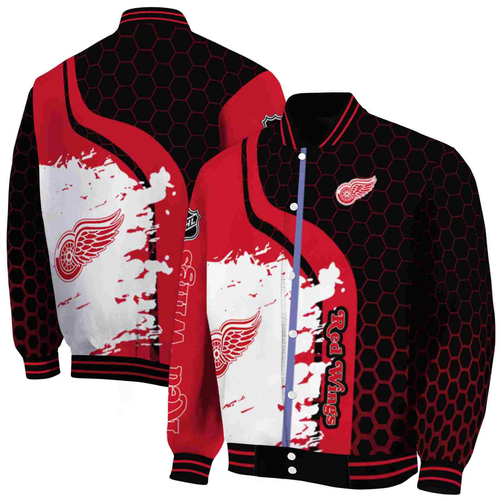 NHL Detroit Red Wings Hexagonal Pattern Red Black Custom Baseball Jacket Sport Fans Gear