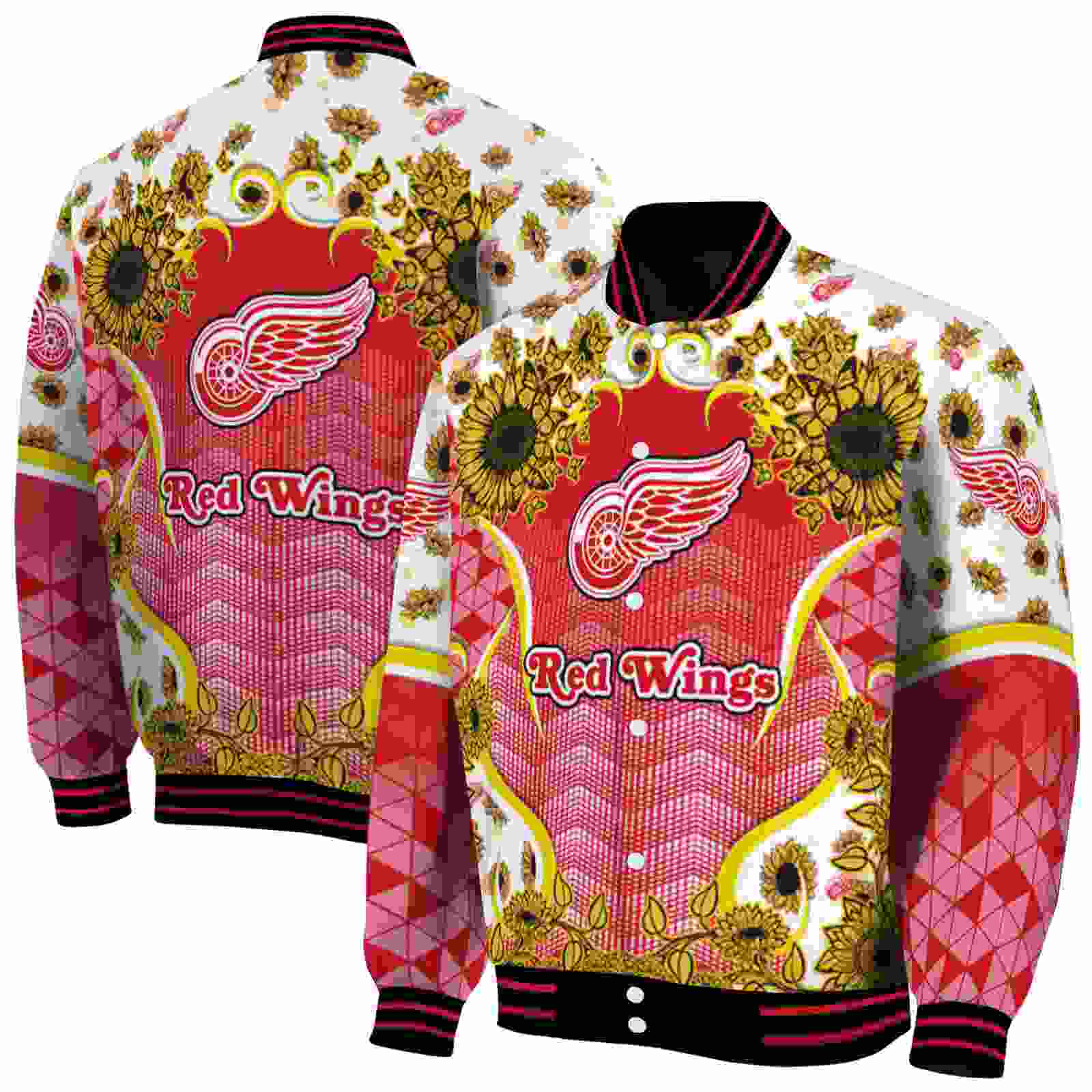 NHL Detroit Red Wings SuNFL ower Bloom Red Yellow Custom Baseball Jacket Sport Fans Gear