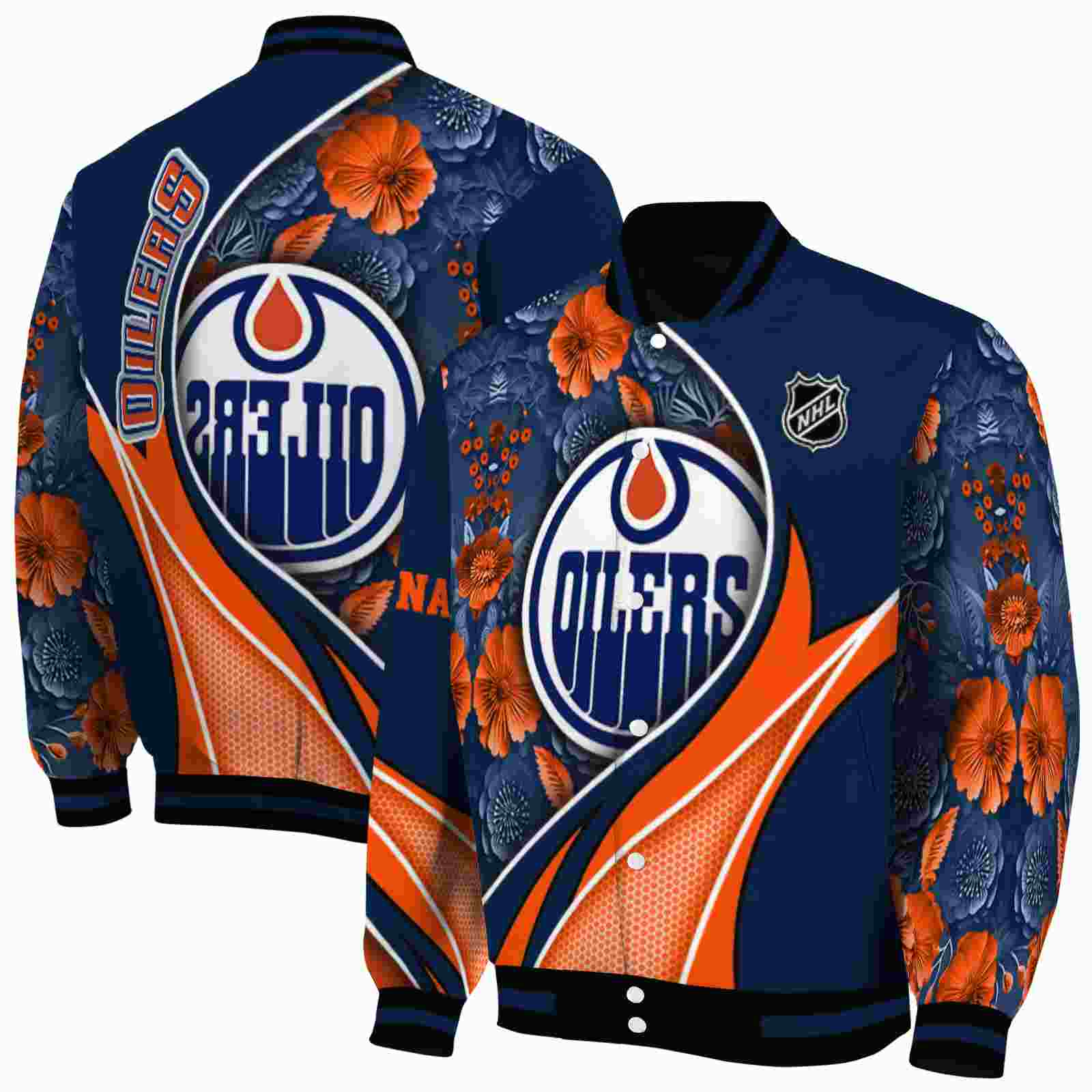 NHL Edmonton Oilers Floral Print Blue Custom Baseball Jacket Sport Fans Gear