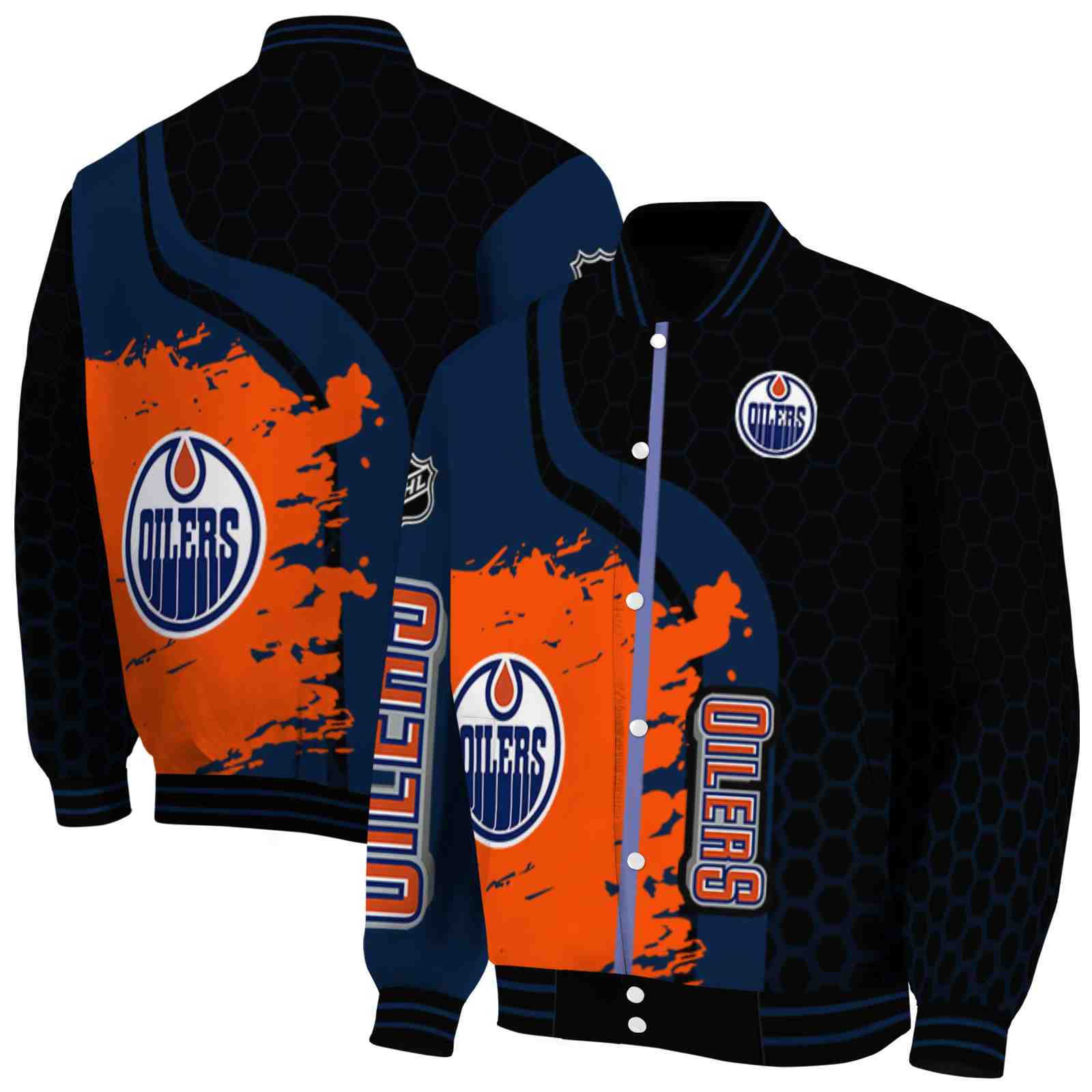 NHL Edmonton Oilers Hexagonal Pattern Blue Black Custom Baseball Jacket Sport Fans Gear