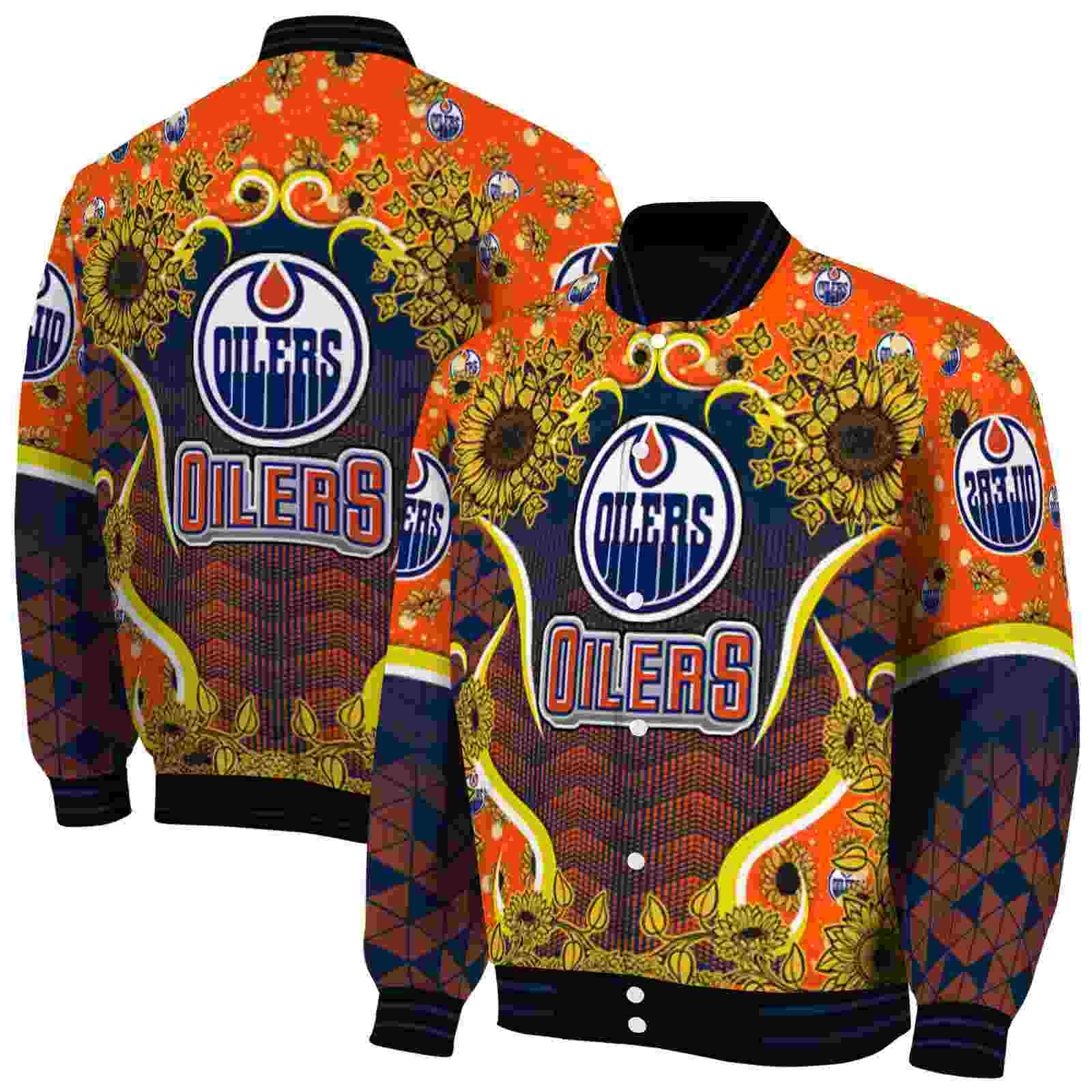 NHL Edmonton Oilers SuNFL ower Bloom Blue Yellow Custom Baseball Jacket Sport Fans Gear