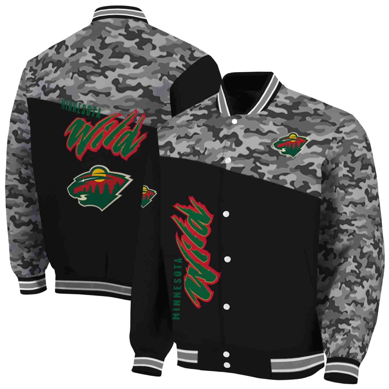 NHL Minnesota Wild Camo Patchwork Black Custom Baseball Jacket Sport Fans Gear